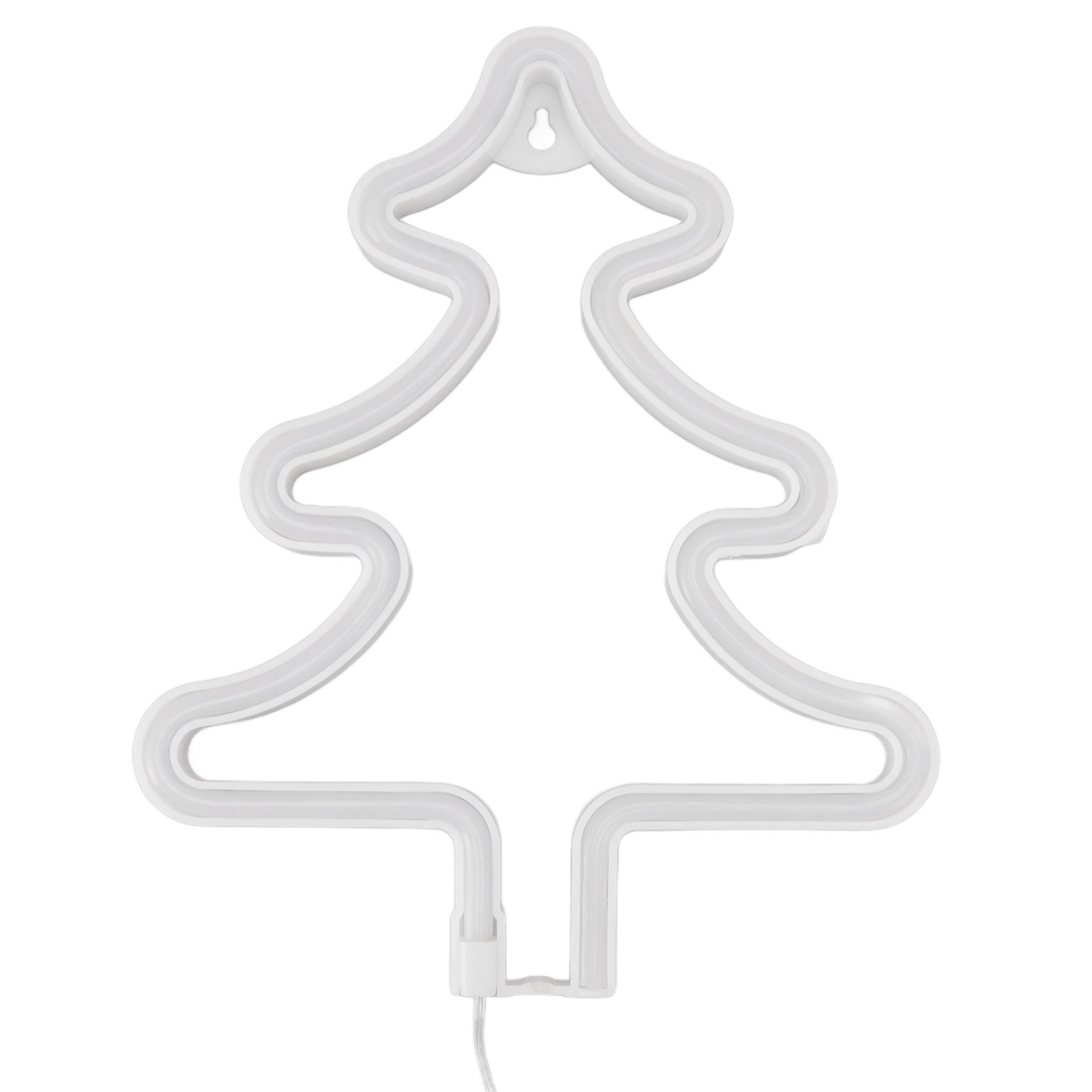 Weißer Neon-Weihnachtsbaum auf weißem Hintergrund. Er hat ein Aufhängeloch oben und ein Netzkabel unten.