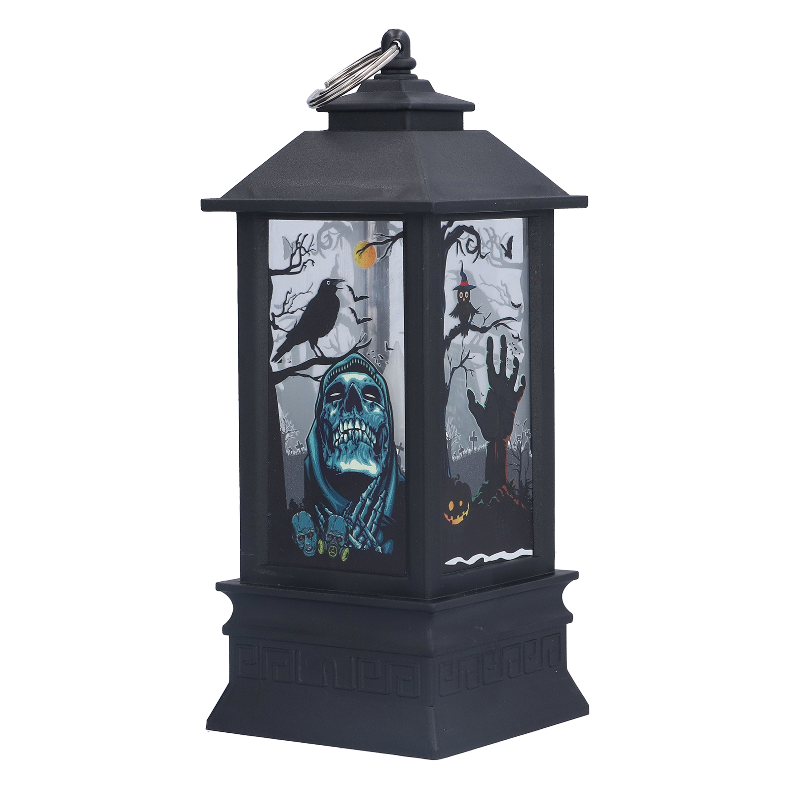 Schwarze Halloween-Laterne mit gruseligen Illustrationen: Schädel, Krähe, Hexe und Zombiehand. Mit dekorativem Sockel und Griff.