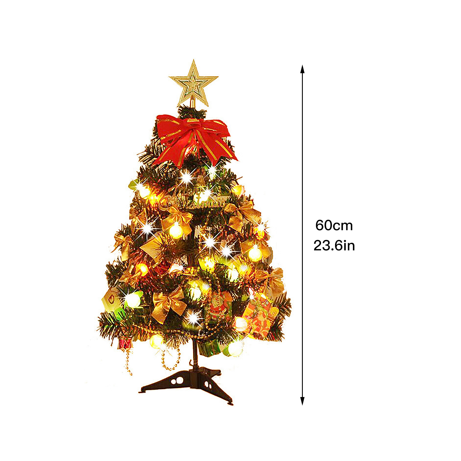 Ein kleiner, dekorierter Weihnachtsbaum mit roter Schleife, goldenem Stern, Lichtern und Ornamenten auf schwarzem Ständer.