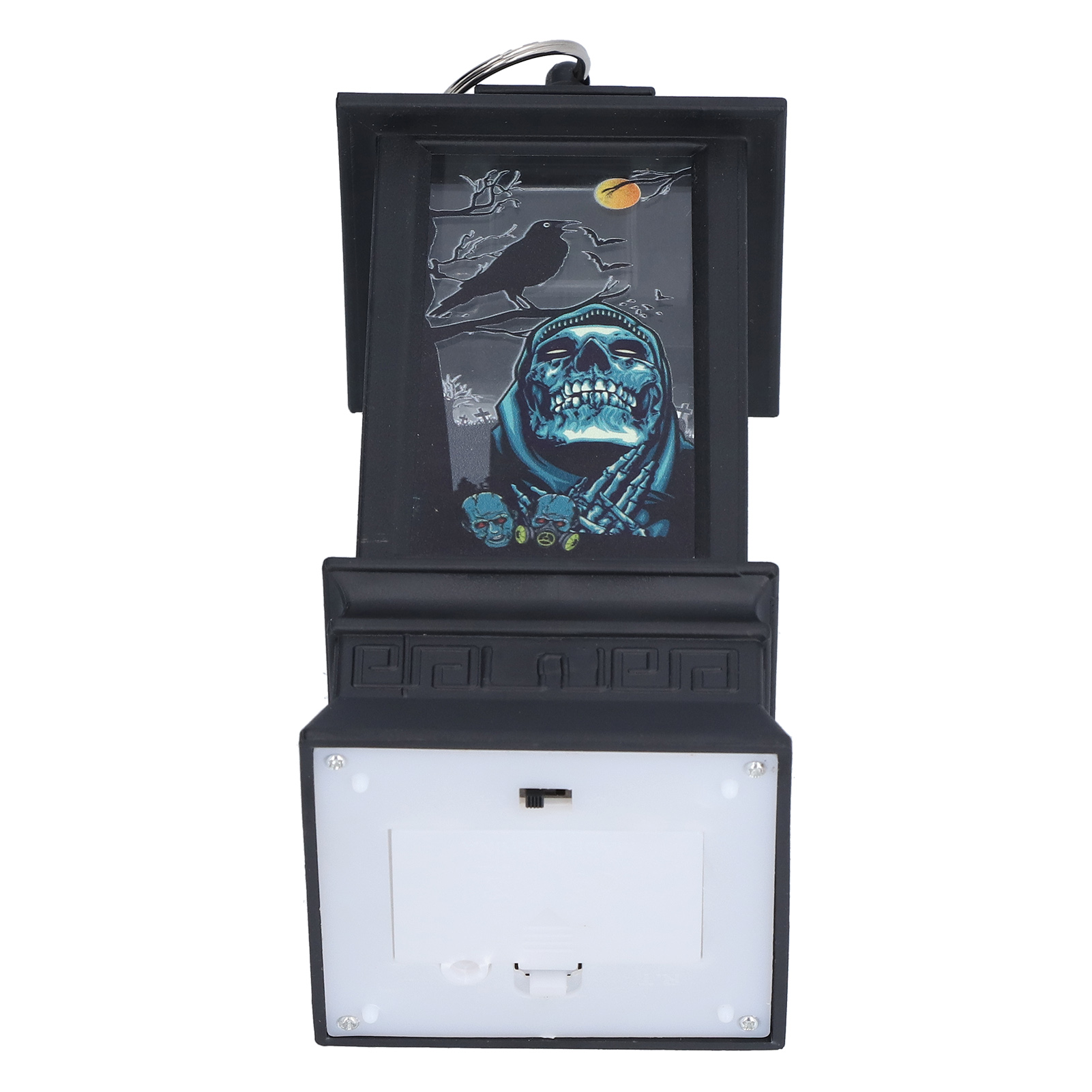 Schwarze Halloween-Laterne mit Totenkopf, Krähe und Mond. Mit Schlüsselring und Schalter.