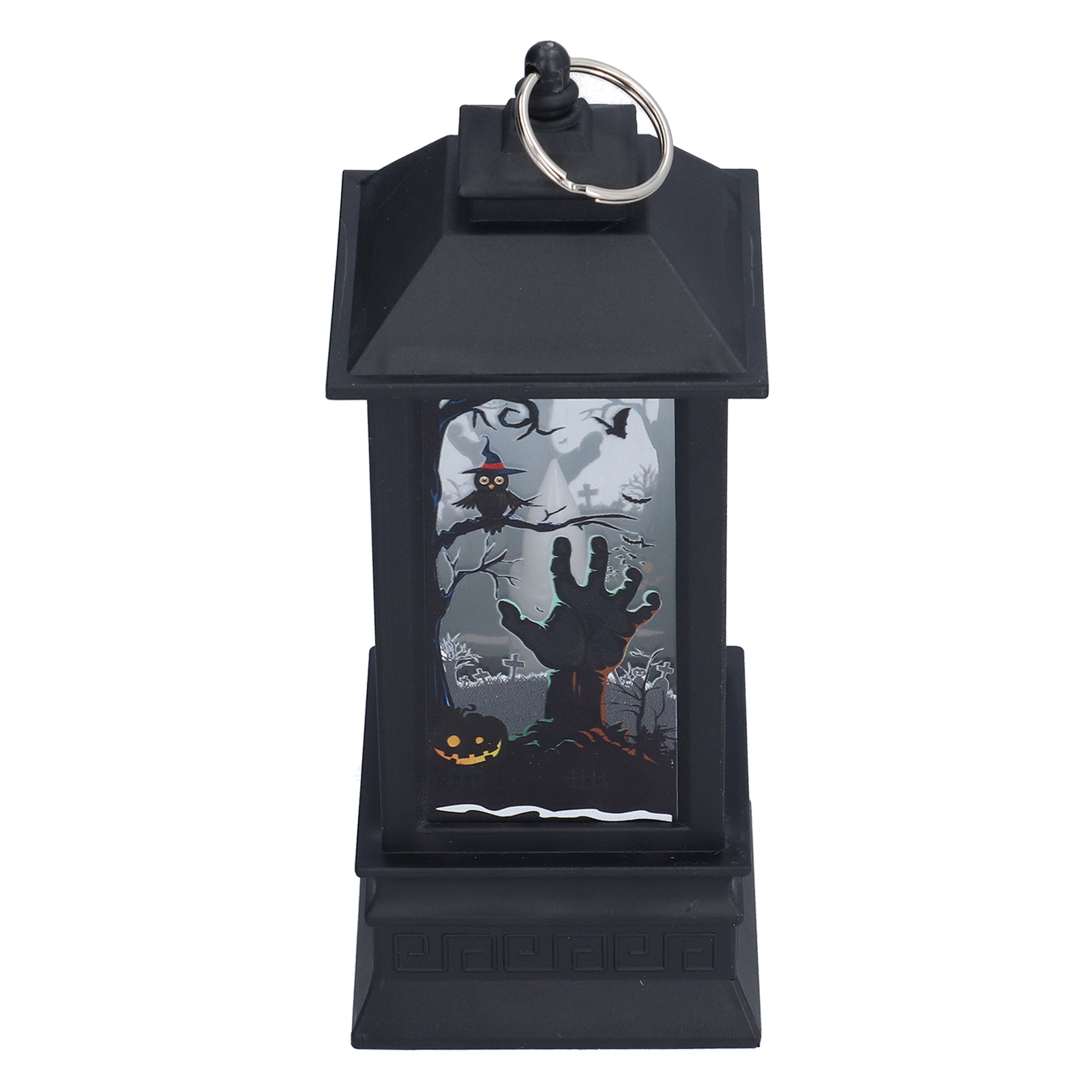 Schwarze Halloween-Laterne mit einer gruseligen Szene: Eule, Hand, Friedhof und Kürbis. Oben ist ein Ring zum Aufhängen.