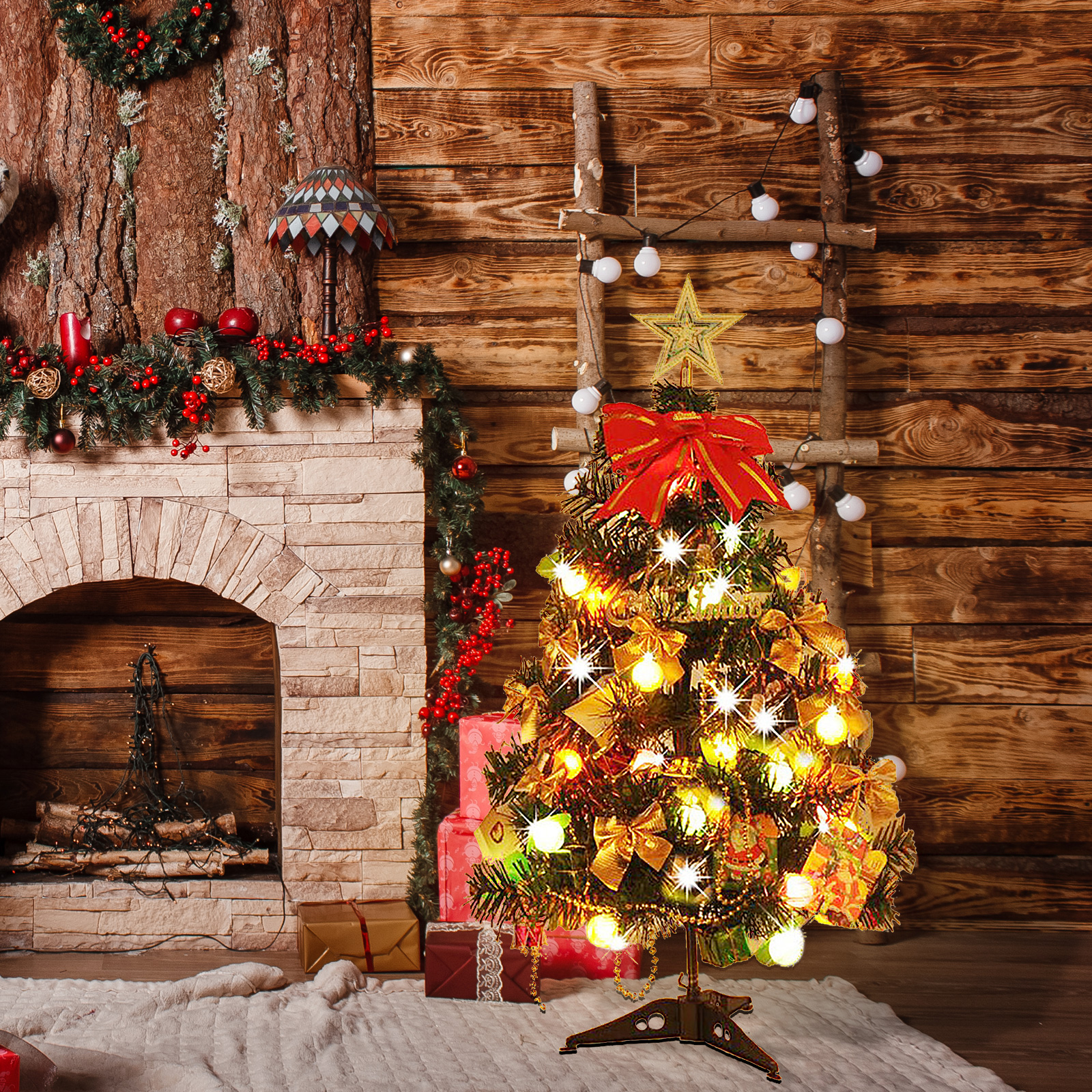 Weihnachtsszene mit geschmücktem Baum, Kamin und Geschenken. Ein Stern ziert die Spitze, rote Schleife und Lichter.