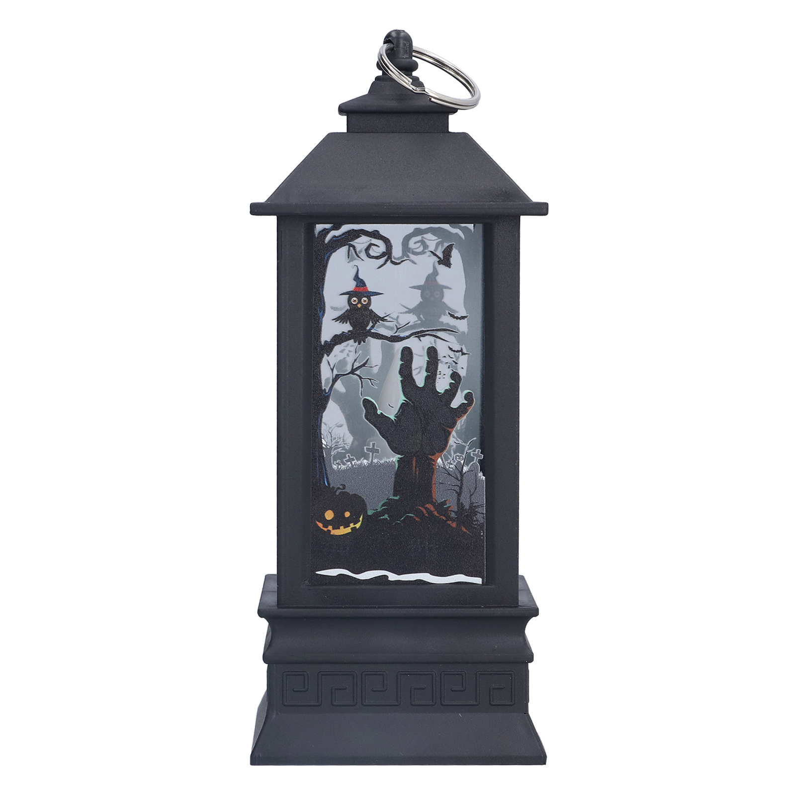 Schwarze Halloween-Laterne mit gruseliger Szene im Inneren: Eule, Hand, Kürbis, Bäume und Friedhof.