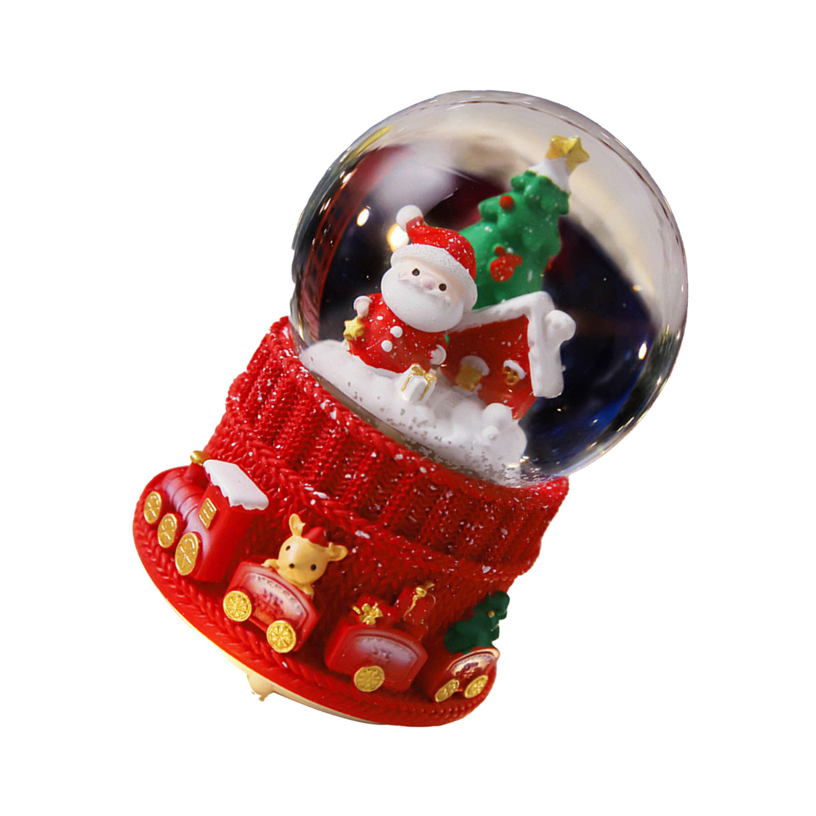 Eine Weihnachtsschneekugel. Weihnachtsmann und Weihnachtsbaum sind darin. Die Basis ist ein roter Strumpf mit Spielzeugzügen.