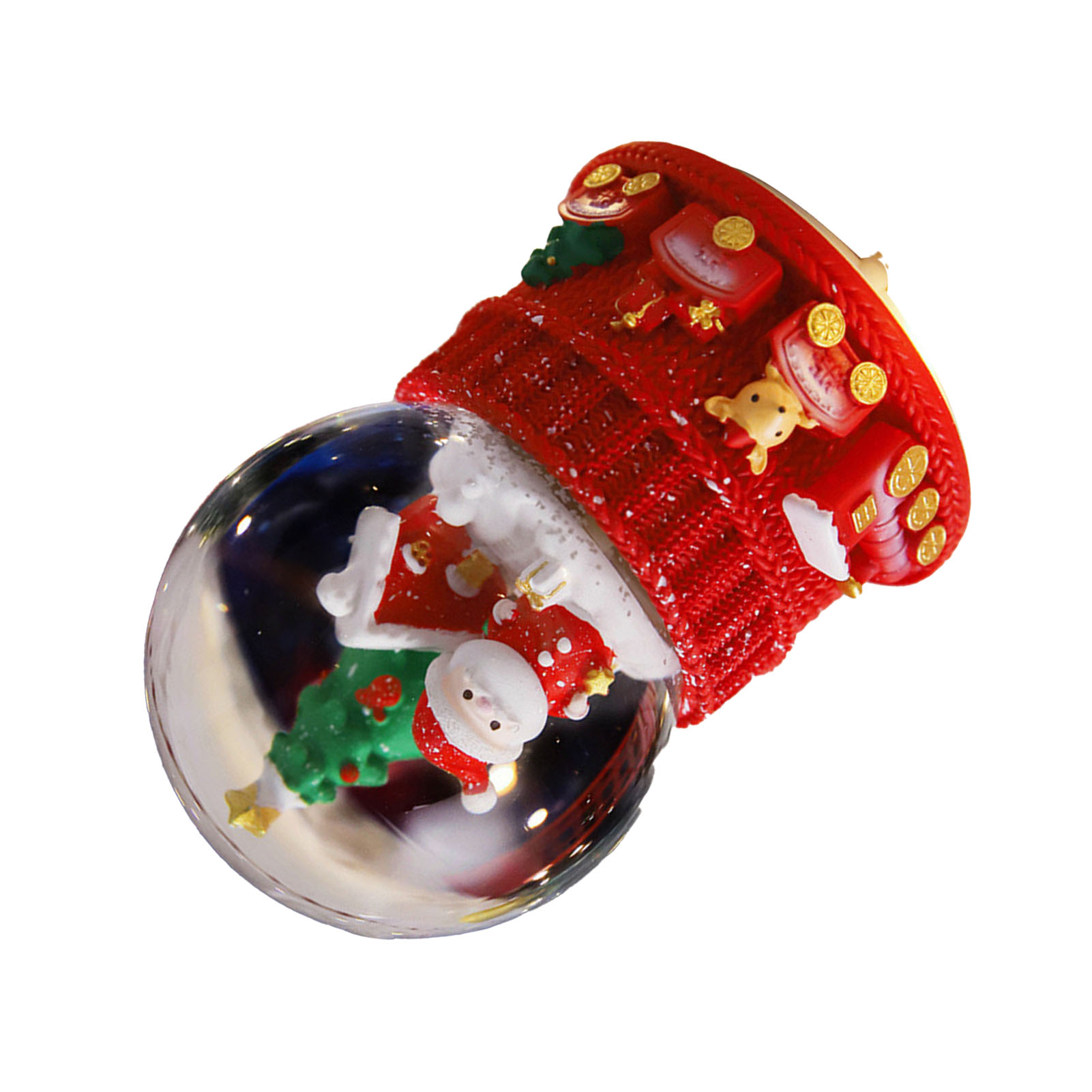 Eine Weihnachtsschneekugel mit Weihnachtsmann darin. Die Basis ist rot, mit einer roten Kappe oben.