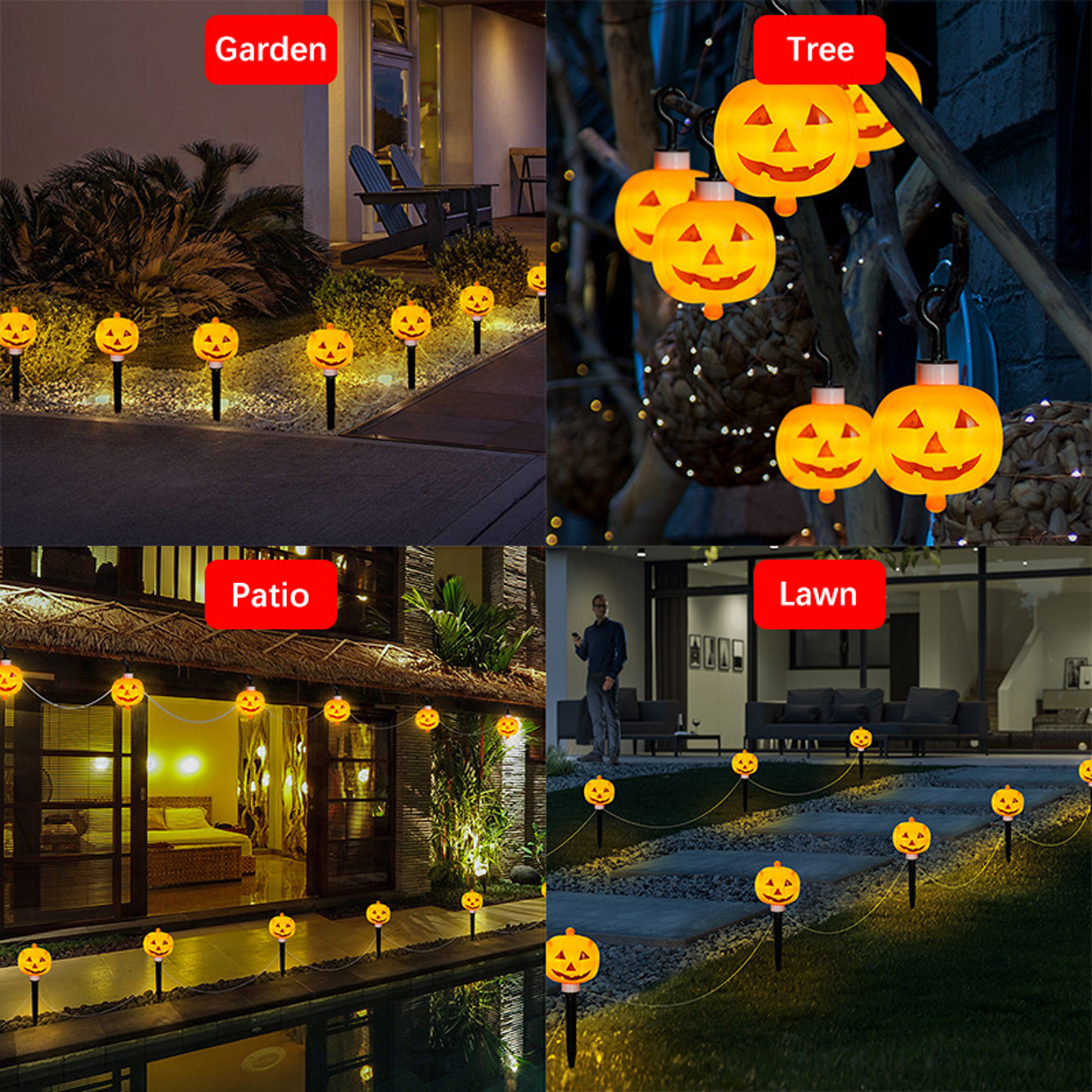 Das Bild zeigt Halloween-Dekorationen, Kürbislichter in einem Garten, auf einer Terrasse, Rasen und an einem Baum hängend.