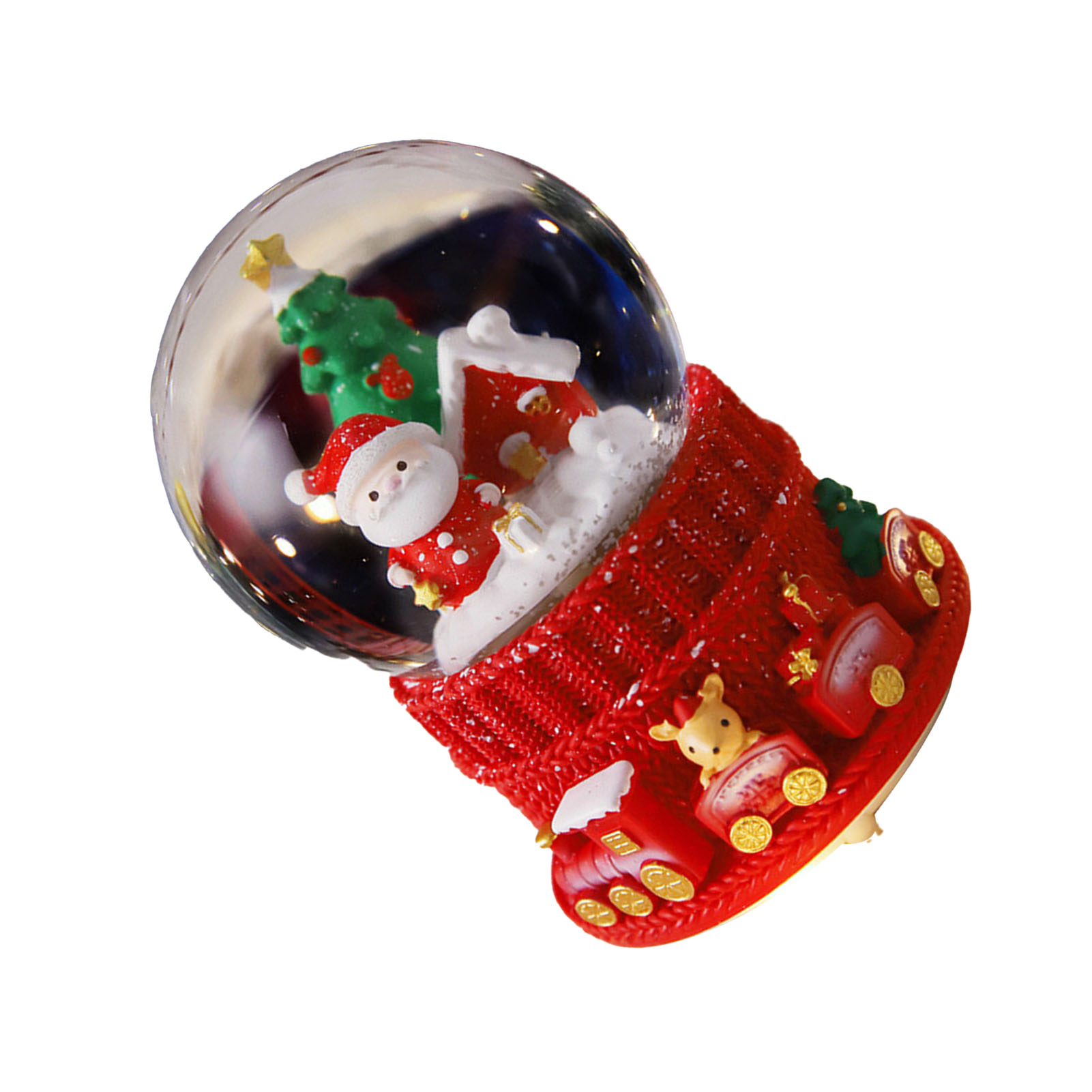 Eine Weihnachtsschneekugel mit Santa, einem Baum und Geschenken in einem roten Strumpf. Die Basis hat ein Rentier und Geschenke.