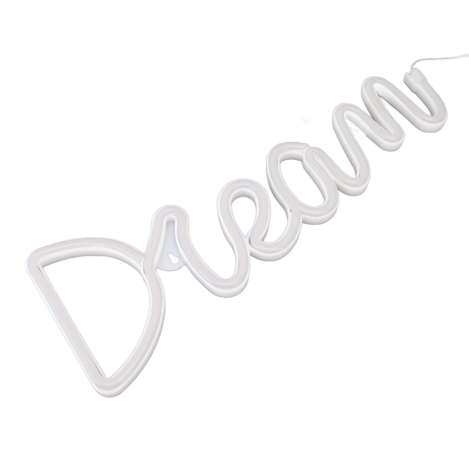 Ein weißes Neon-Schild mit der Aufschrift "dream" auf weißem Hintergrund. Das Schild ist beleuchtet und hat ein Kabel.