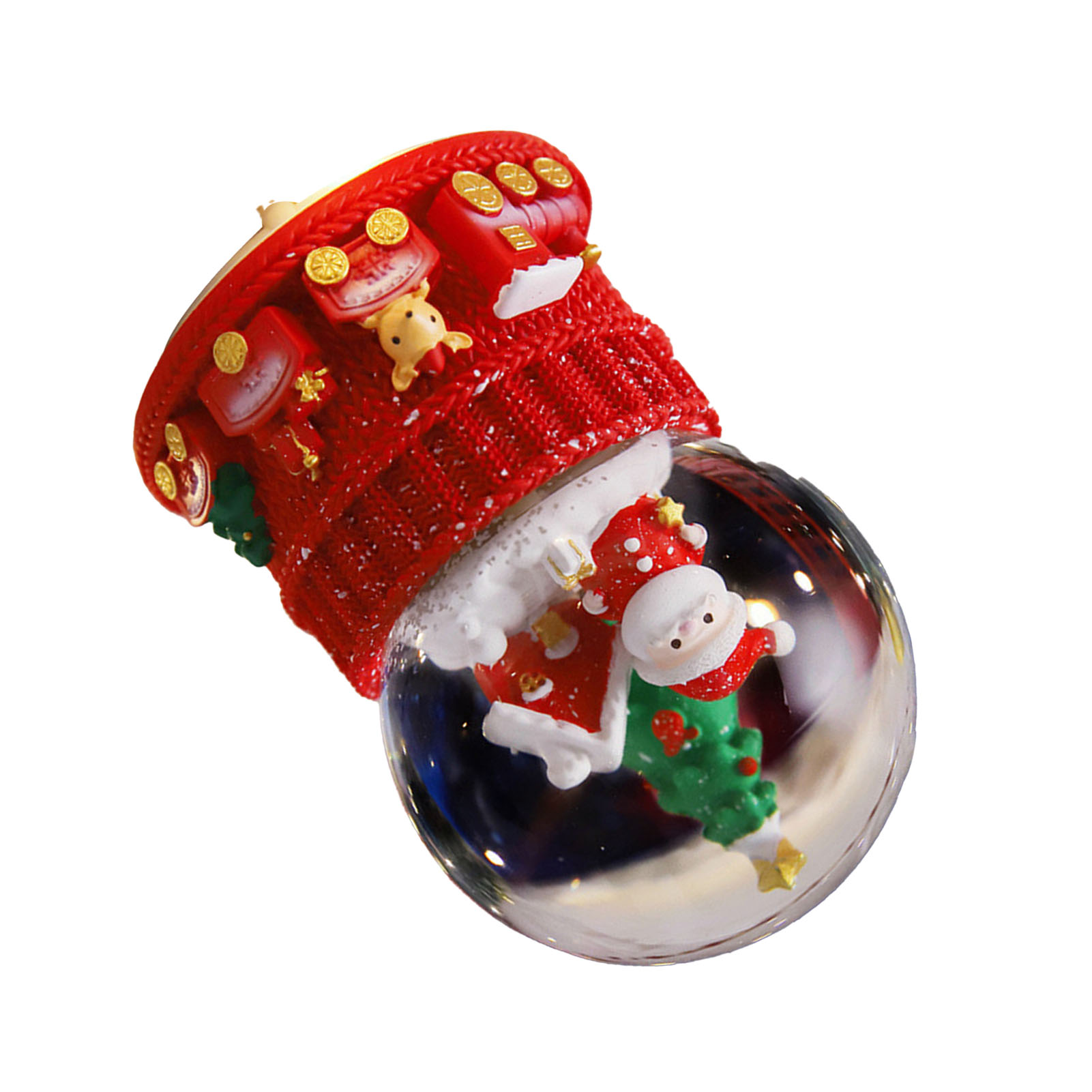 Eine Weihnachtsschneekugel. Santa Claus Figur in einer Glaskugel, rotes Strickdach mit Dekorationen.