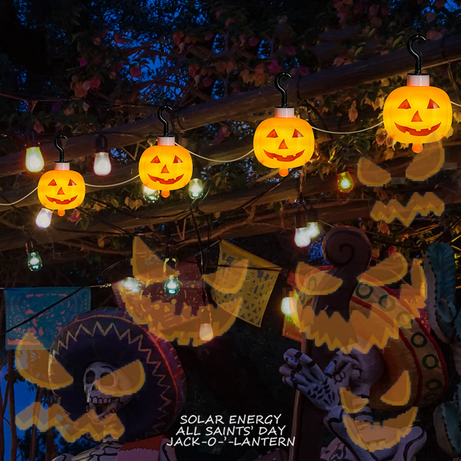 Halloween-Szene mit Kürbislaternen, Skelettdekorationen und Lichterketten unter einem Baumdach.