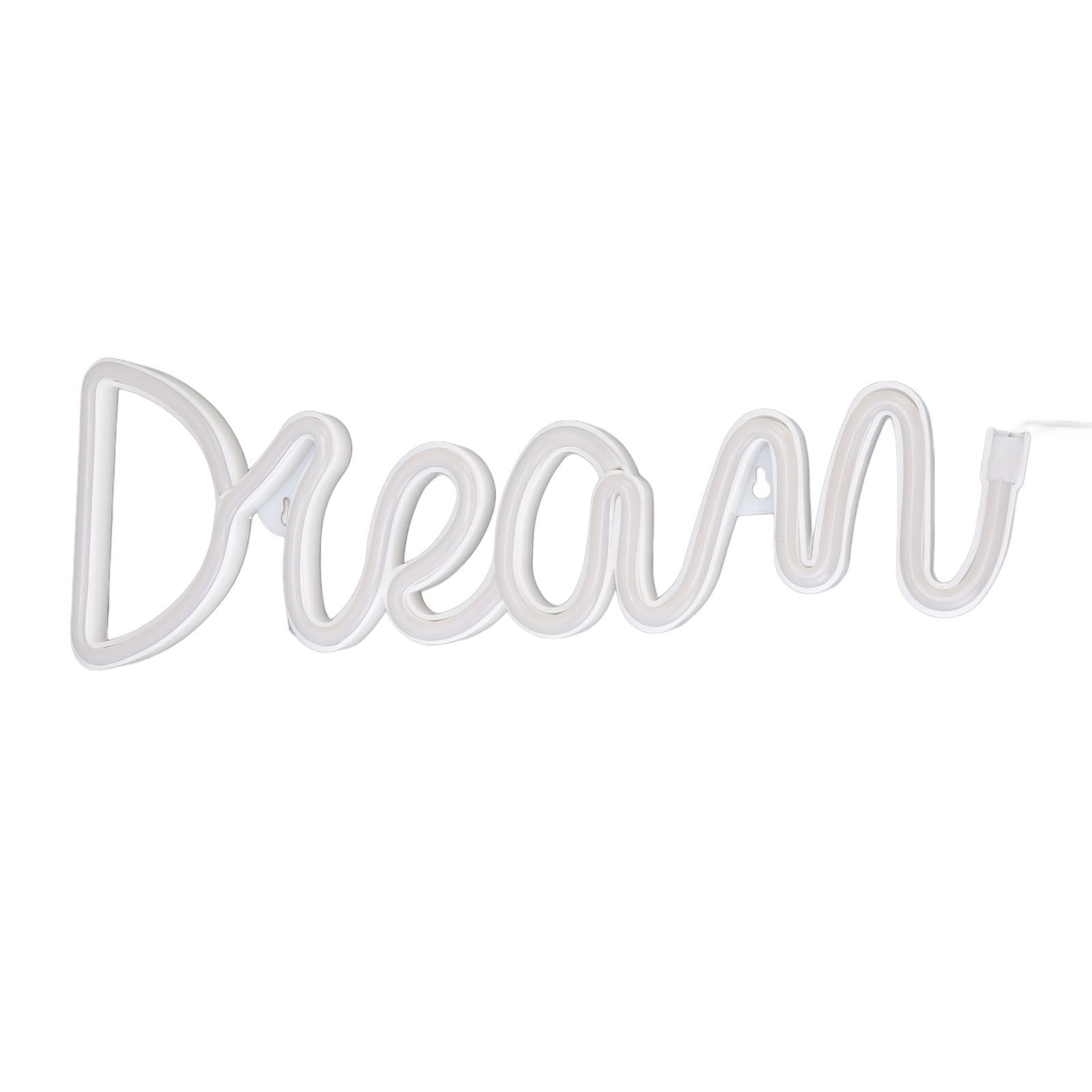 Ein weißes Neonzeichen in Schreibschrift mit der Aufschrift "Dream" vor weißem Hintergrund. Das Schild leuchtet auf.