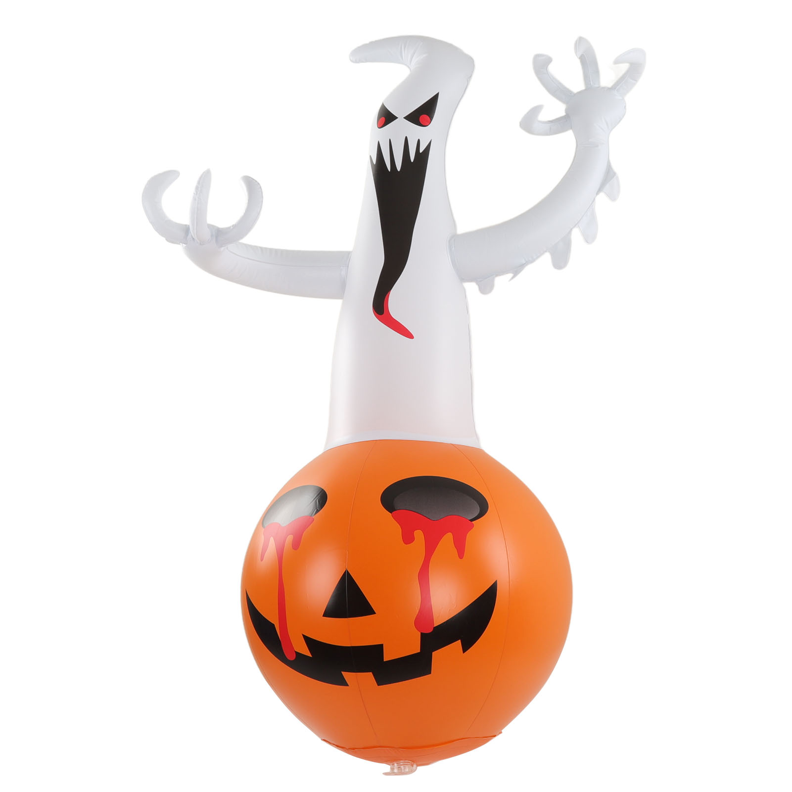 Eine aufblasbare Halloween-Dekoration. Eine weiße Geisterfigur auf einem orangefarbenen Kürbis mit schwarzen Gesichtsmerkmalen und roten Tränen.