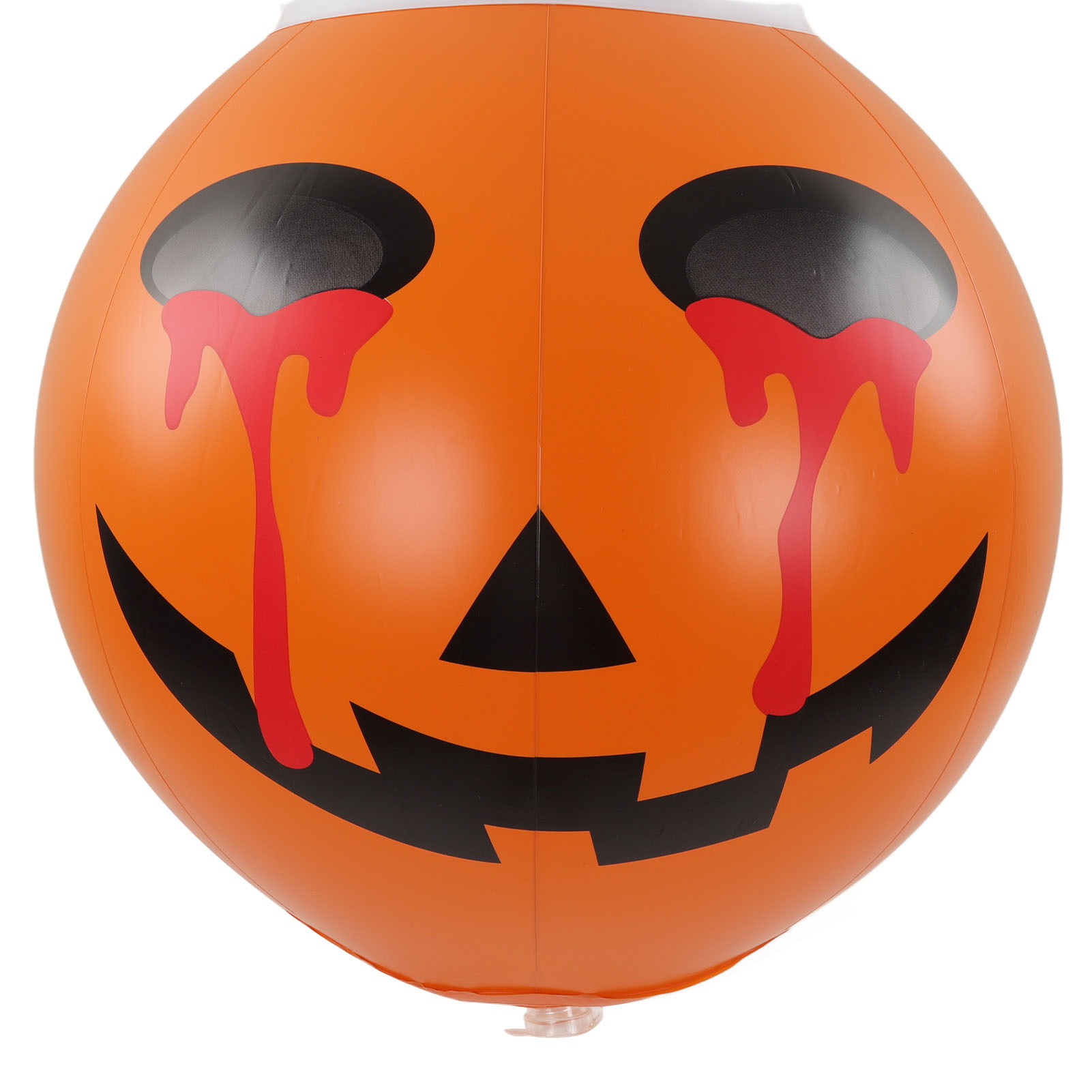 Ein aufblasbarer orangefarbener Kürbis mit schwarzen Augen und Mund. Rote Streifen fließen aus den Augen, die Tränen ähneln.
