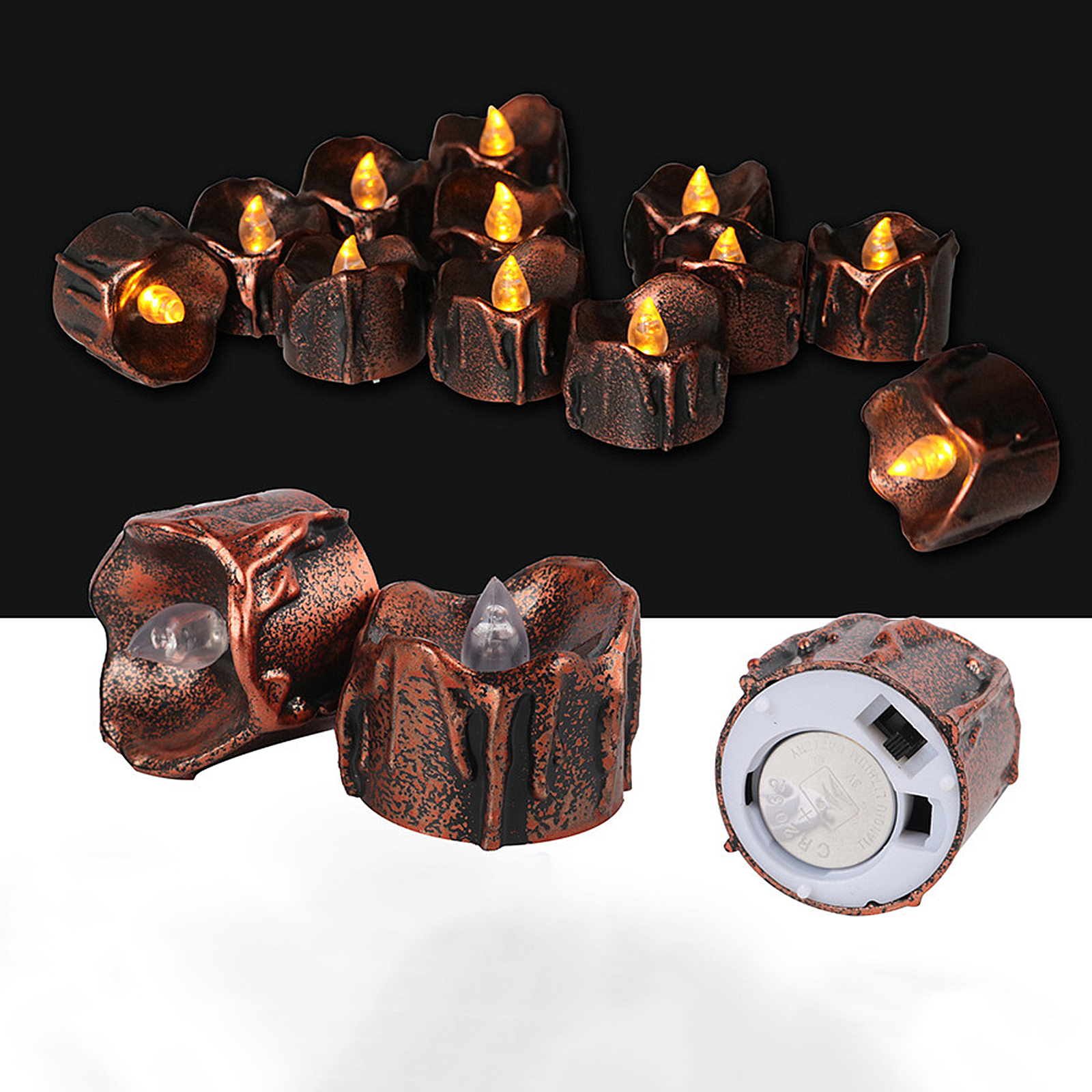 Bronze farbene LED-Kerzen mit flackerndem gelben Licht. Einige sind beleuchtet, andere zeigen die klare Glühbirne. Ein Batteriefach ist sichtbar.