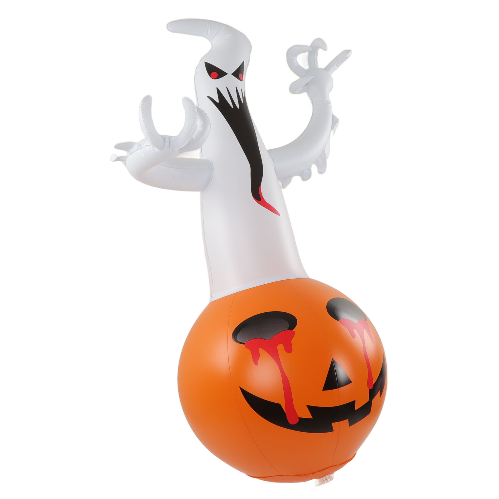 Aufblasbare Halloween-Dekoration: Geist über Kürbis. Der Geist ist weiß, mit schwarzem Gesicht und roten Augen. Der Kürbis ist orange.