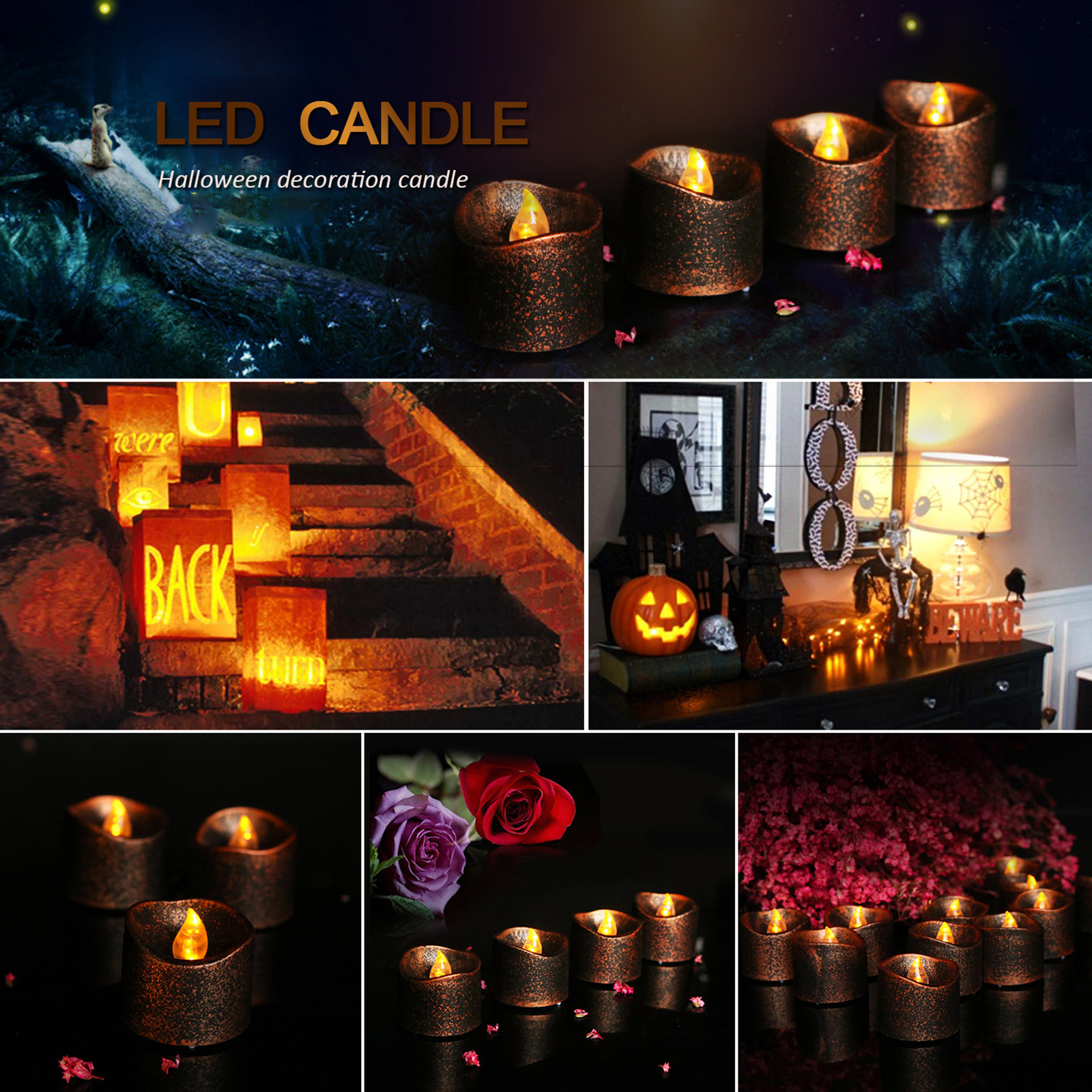 Collage: LED-Kerzen, Halloween-Dekoration, beleuchtete Kürbisse, Rosen und Treppenhaus mit beleuchteten Schildern, alles in dunkler Umgebung.