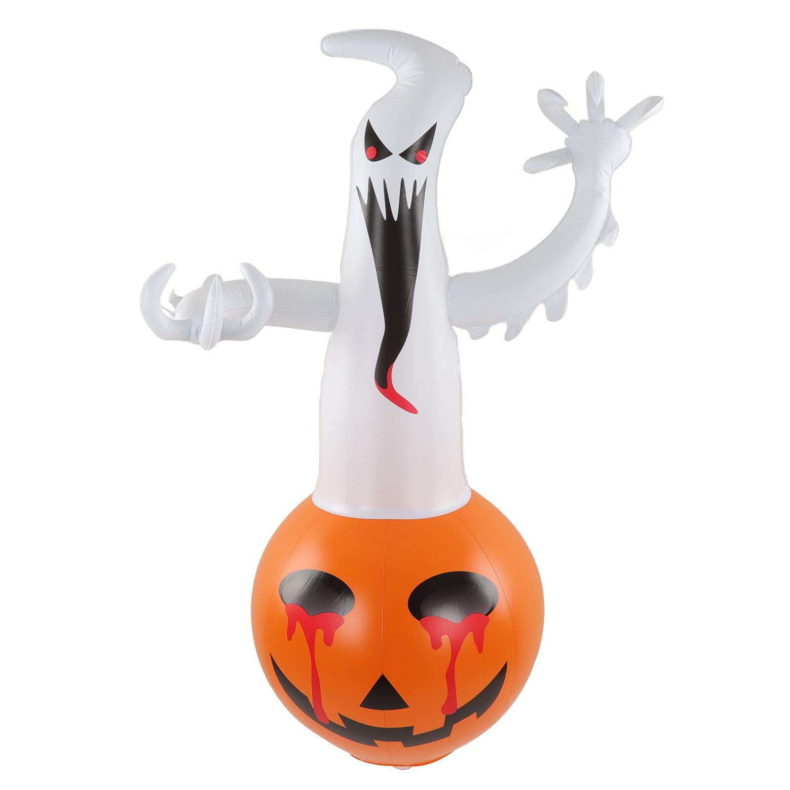 Aufblasbare Halloween-Dekoration: Geist auf einem Kürbis. Der Geist ist weiß, mit roten Augen und schwarzem Mund, der Kürbis ist orange.