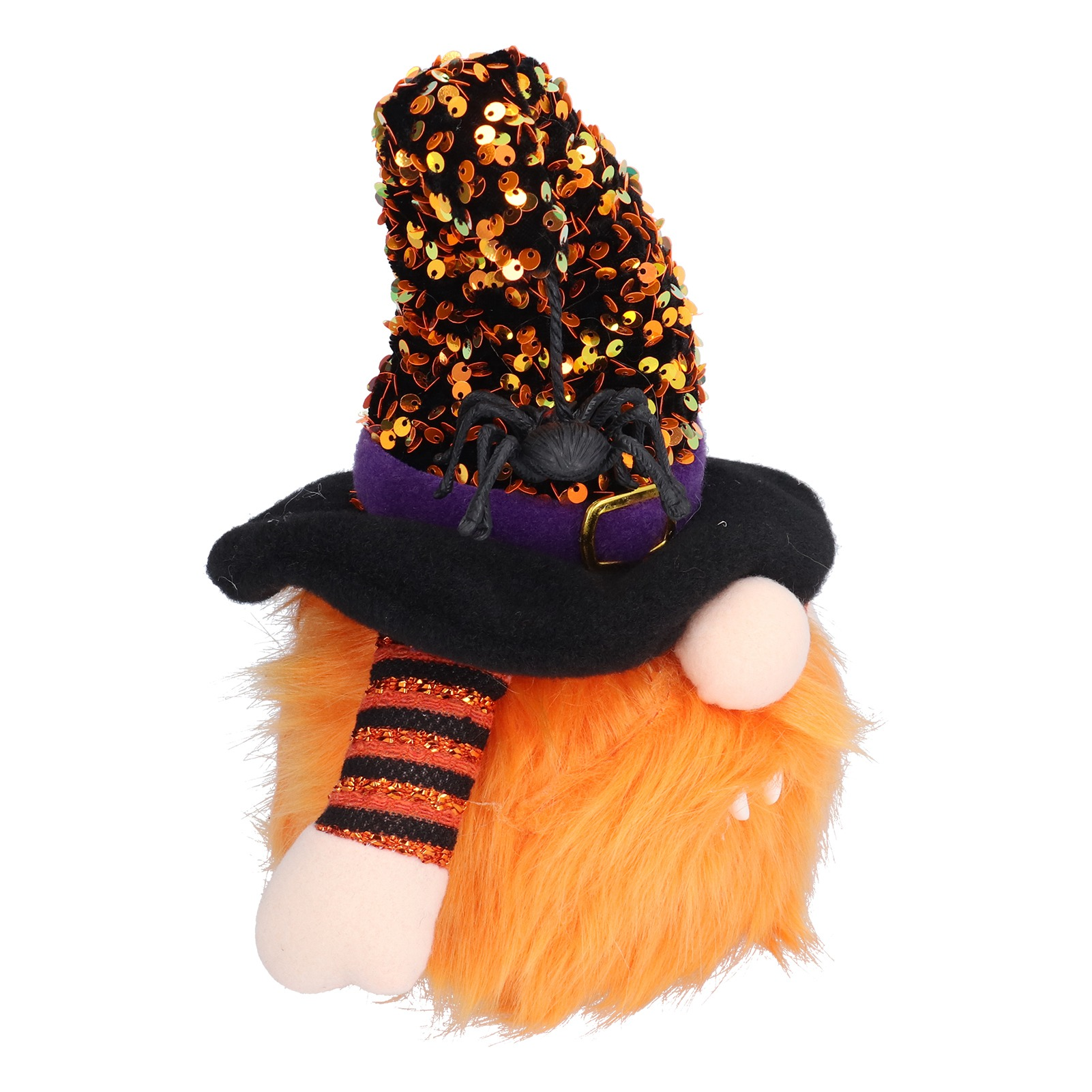 Ein Halloween-Zwerg mit orangefarbenem Bart, einem schwarzen Hut mit Pailletten und einer Spinne. Der Hut hat einen violetten Rand und einen gestreiften Ärmel.