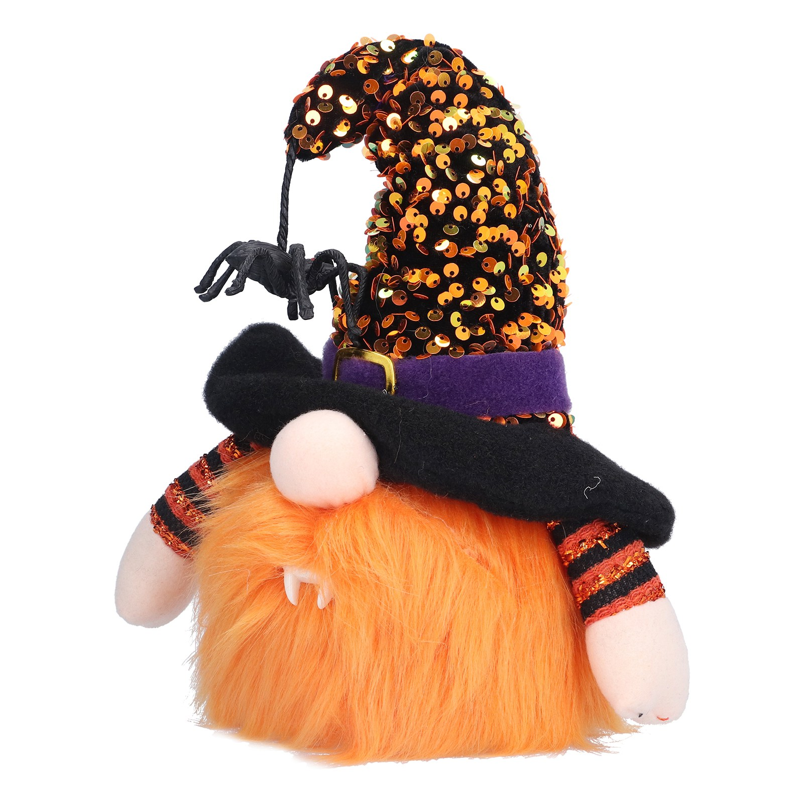 Ein Halloween-Wichtel mit orangefarbenem Bart, schwarzem Hut und einer Spinne, die am Hut hängt. Der Hut ist mit Pailletten bedeckt.