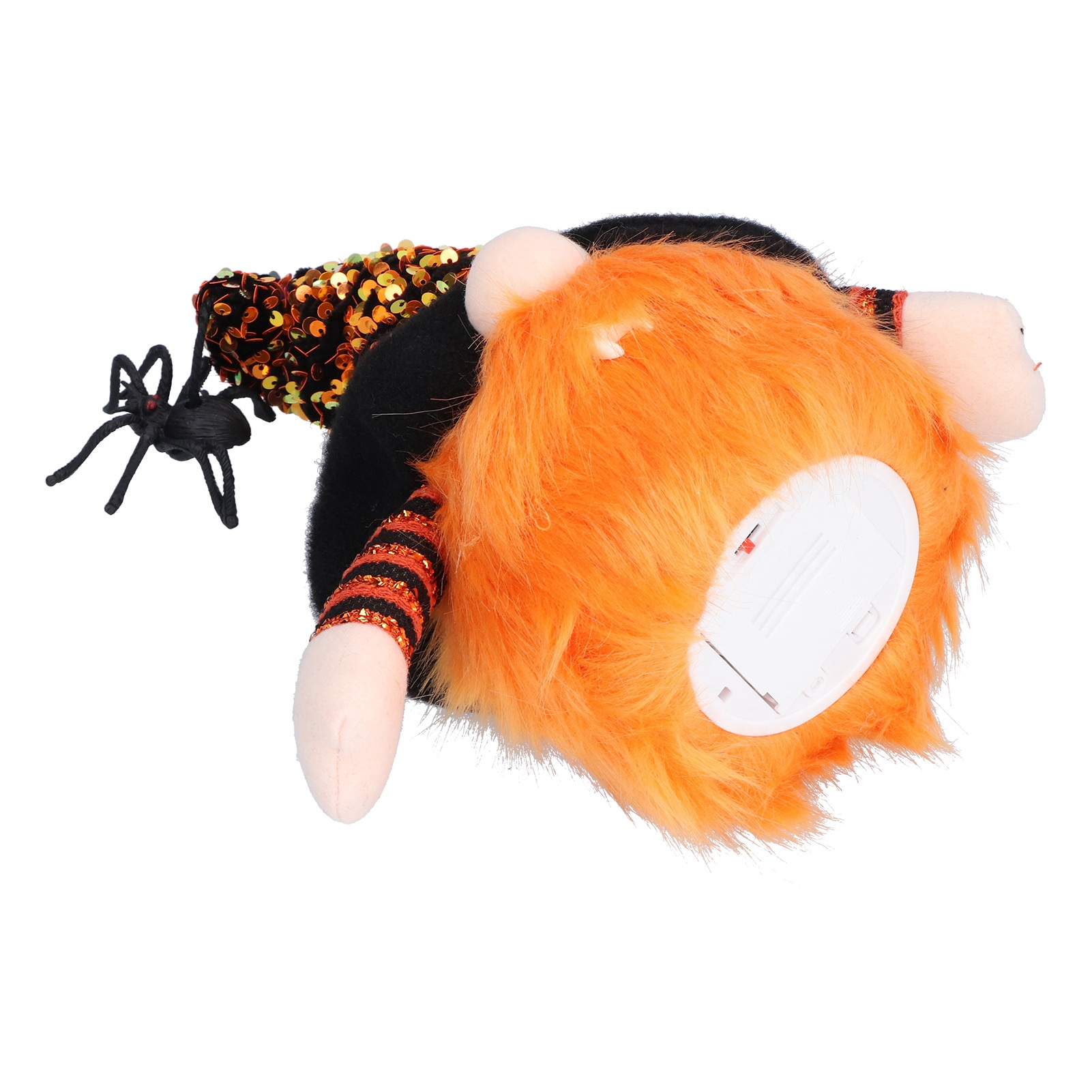 Ein Halloween-Zwerg mit orangefarbenem Fell und einer schwarzen Spinne. Der Zwerg trägt einen schwarzen Hut mit Pailletten.