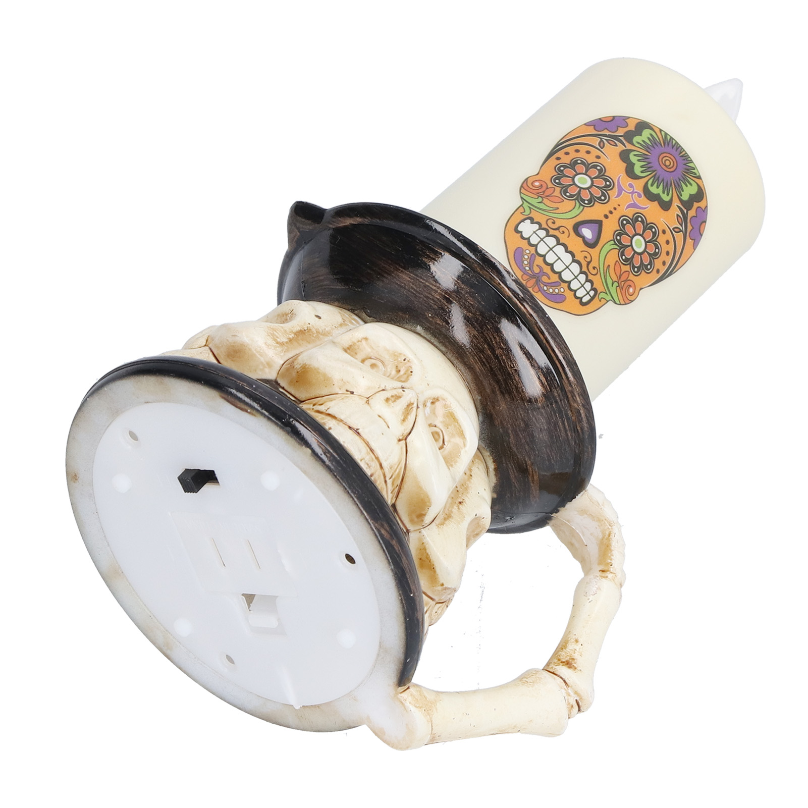Halloween-Kerzenhalter in Form eines Skeletts mit einem Totenkopf-Design auf der Kerze.
