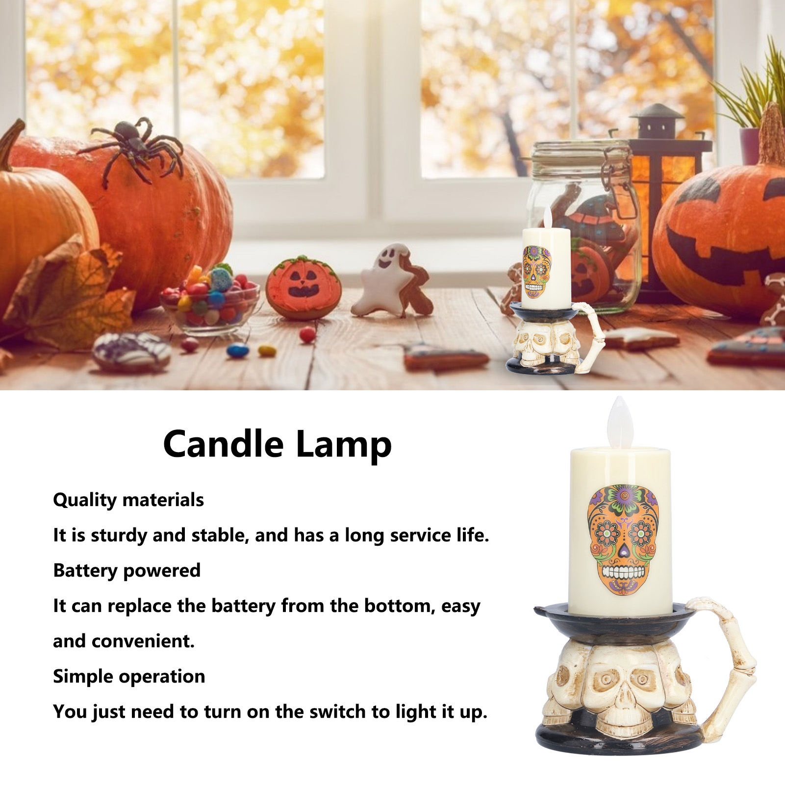 Halloween-Szene mit Kürbissen, Keksen und einer Kerze mit Schädeldesign. Herbstlicher Hintergrund.