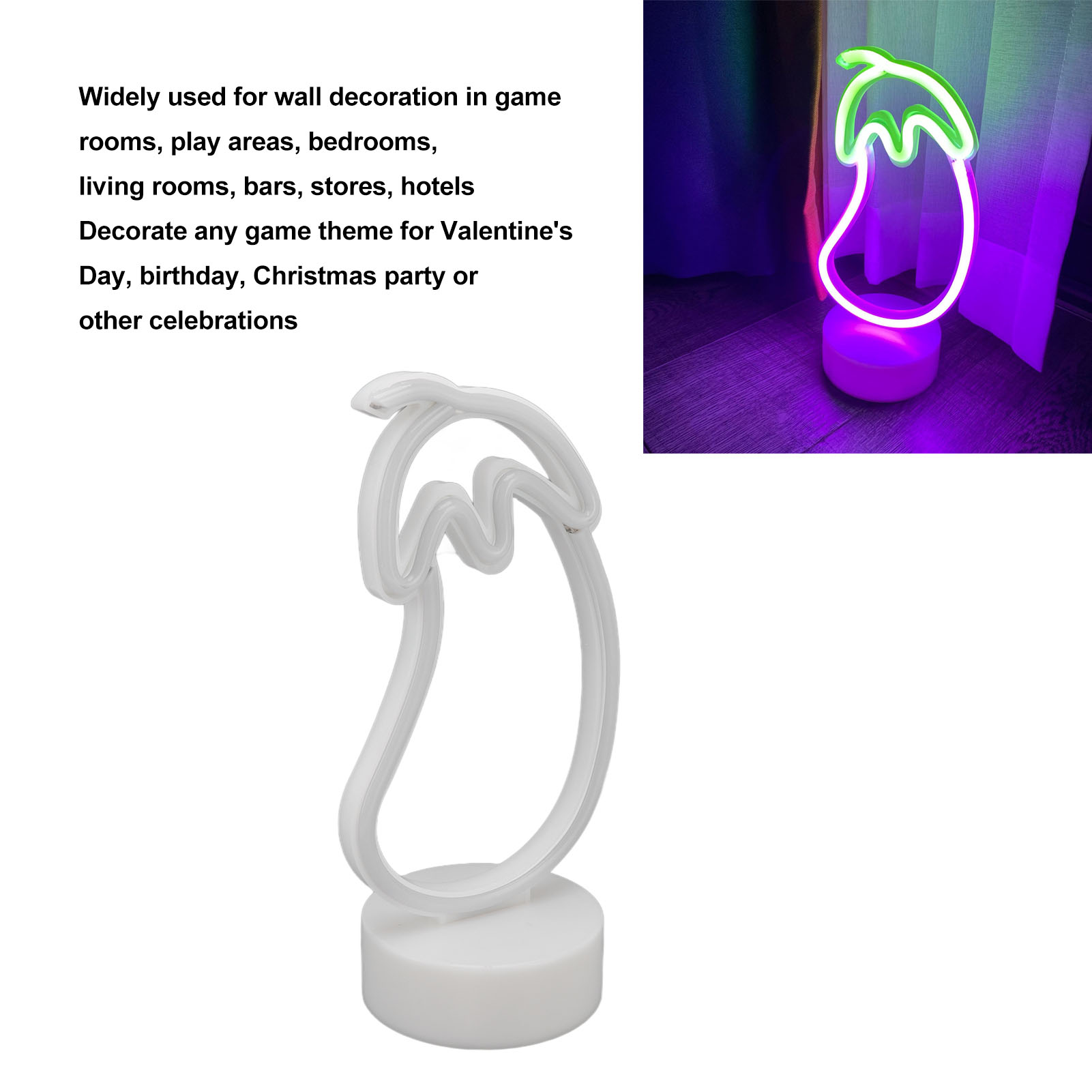 Ein neonfarbenes Licht in Form einer Aubergine. Es hat eine grüne Spitze und einen rosa Körper. Das Licht steht auf weißer Basis.