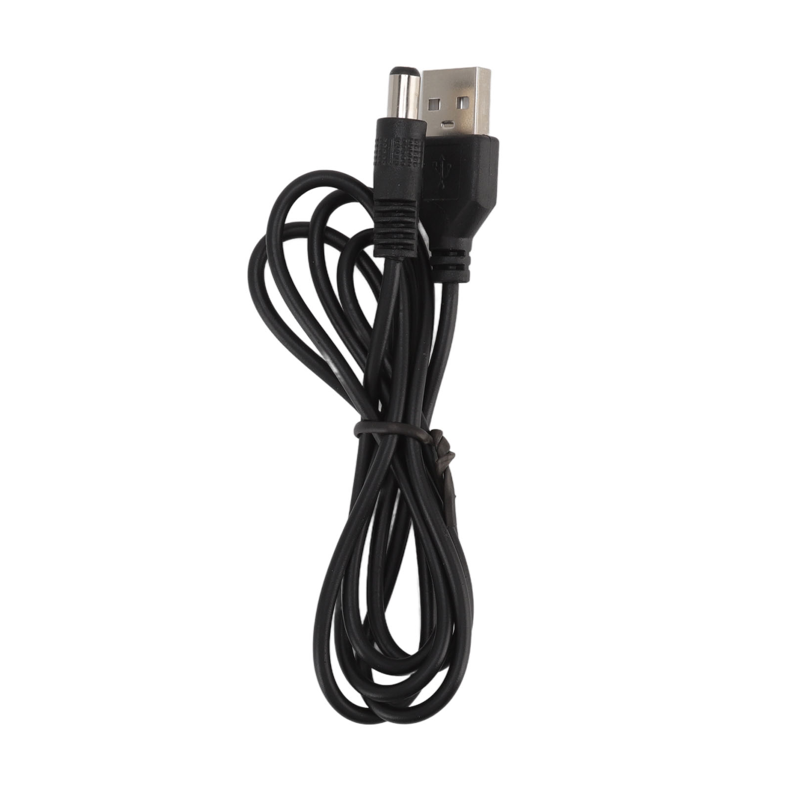 Schwarzes USB-Ladekabel. Ein Ende ist USB, das andere ist ein kleiner DC-Anschluss, mit einer gebundenen Schleife.