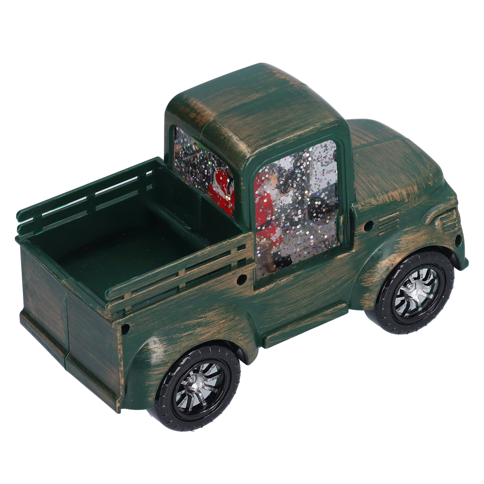 Grüner Spielzeug-LKW mit Glitzer und Weihnachtsmann im Inneren. Er hat schwarze Räder und eine Holzkiste.