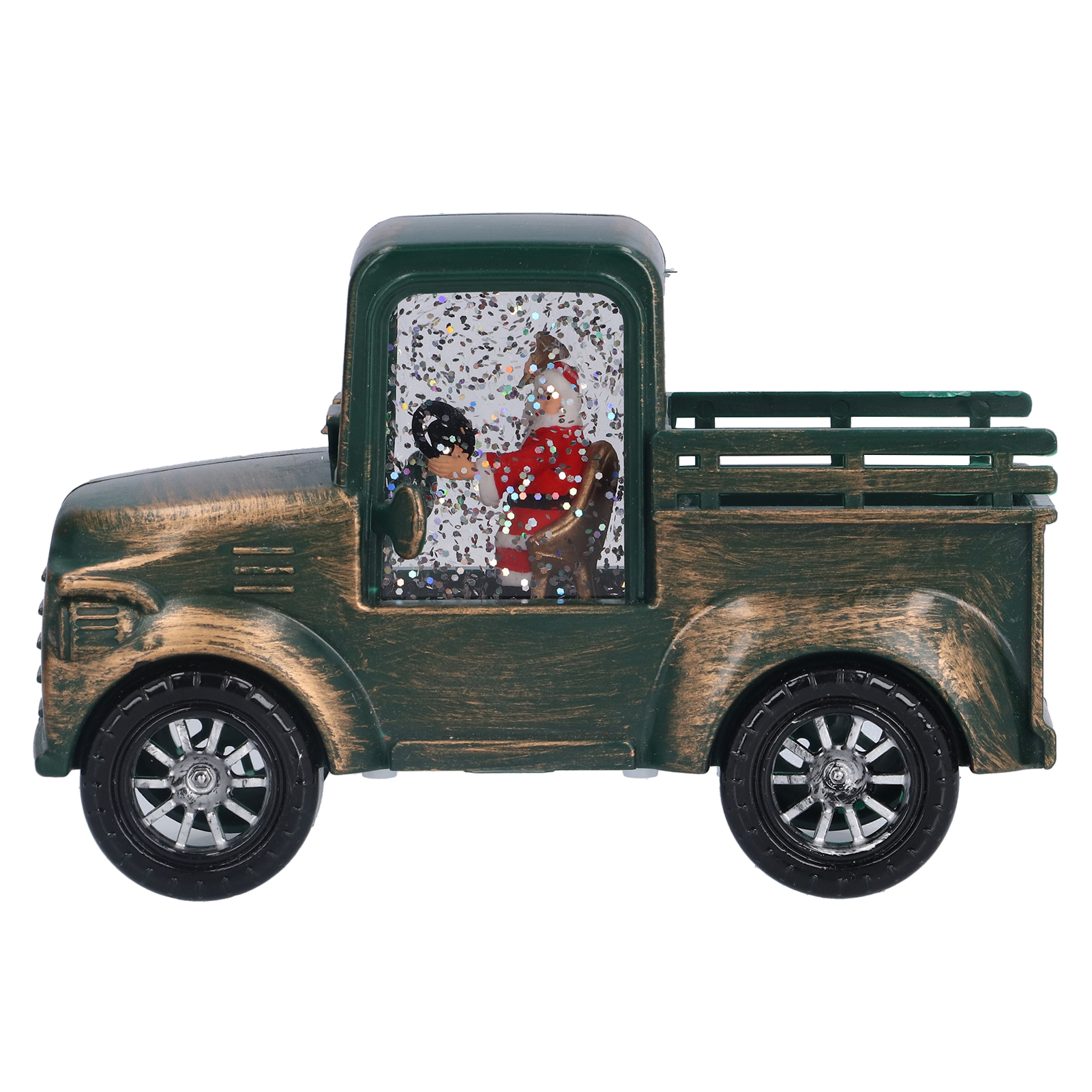 Ein grüner Spielzeug-LKW mit einer Santa-Figur in einer Schneekugel. Der LKW hat schwarze Räder und einen braunen Körper.