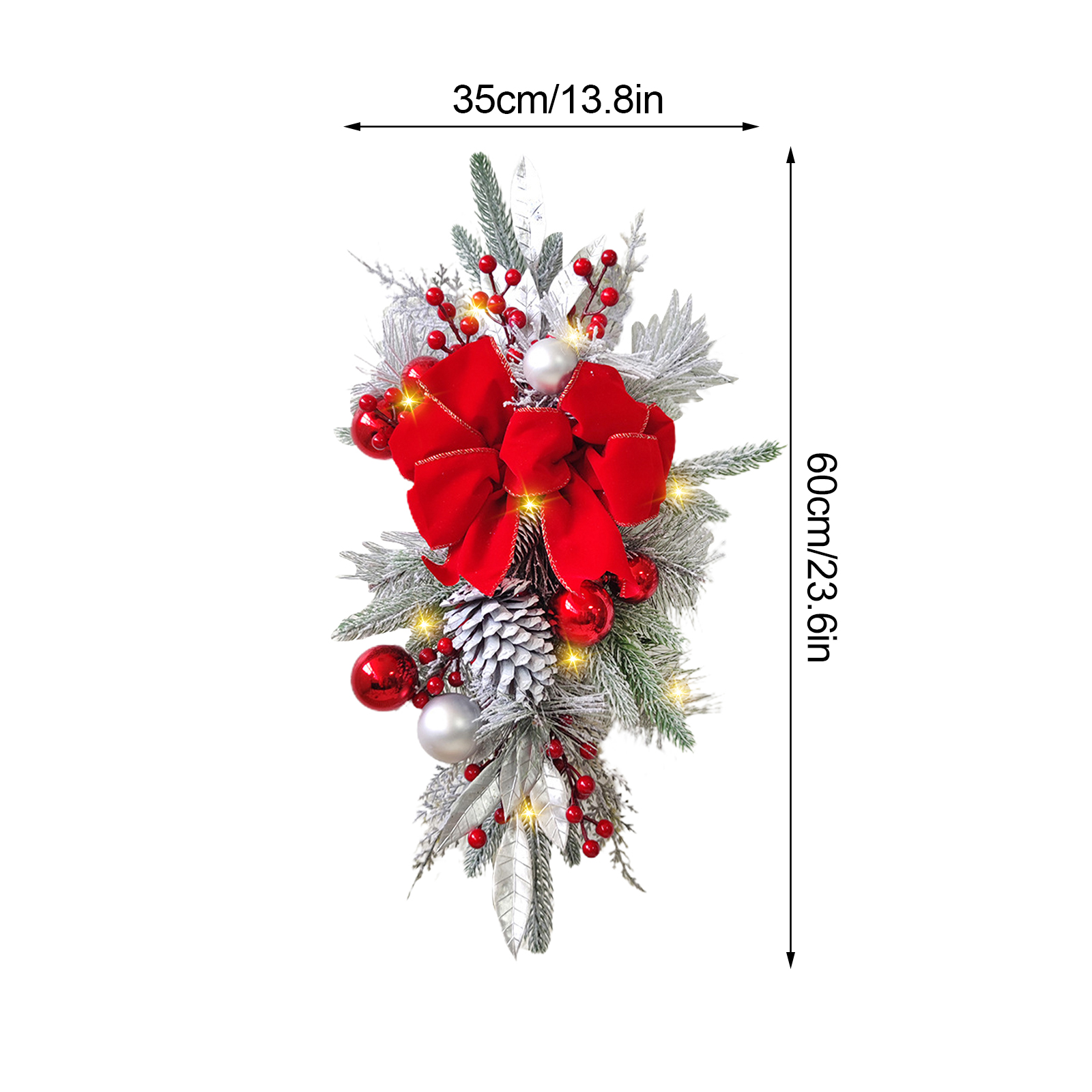 Weihnachtsdekoration mit roter Schleife, roten und silbernen Ornamenten, Tannenzapfen und Beeren auf weißem Hintergrund.