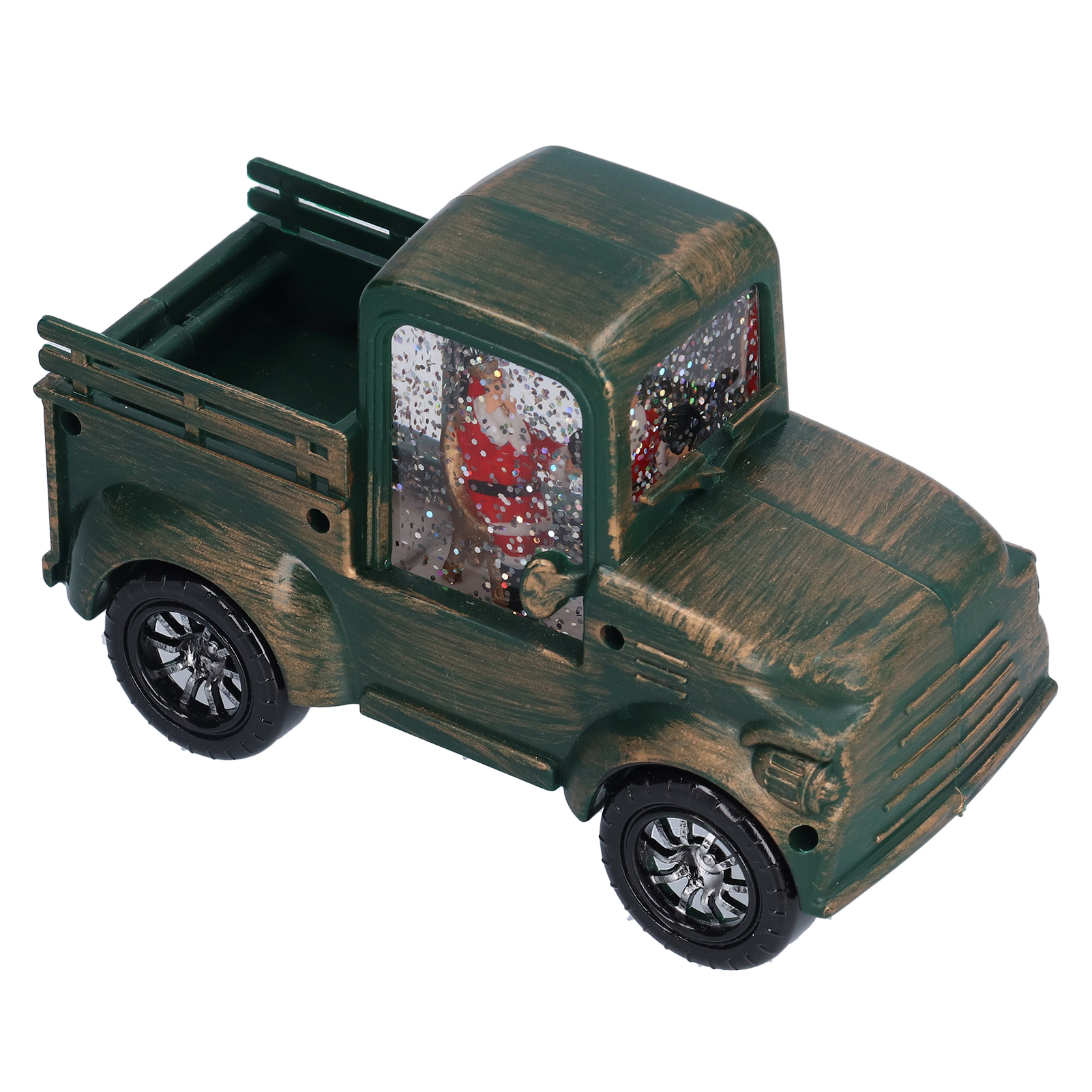Grüner Spielzeug-LKW mit Weihnachtsmann im Inneren. Der LKW hat schwarze Räder und ein abgenutztes Finish. Der Hintergrund ist weiß.
