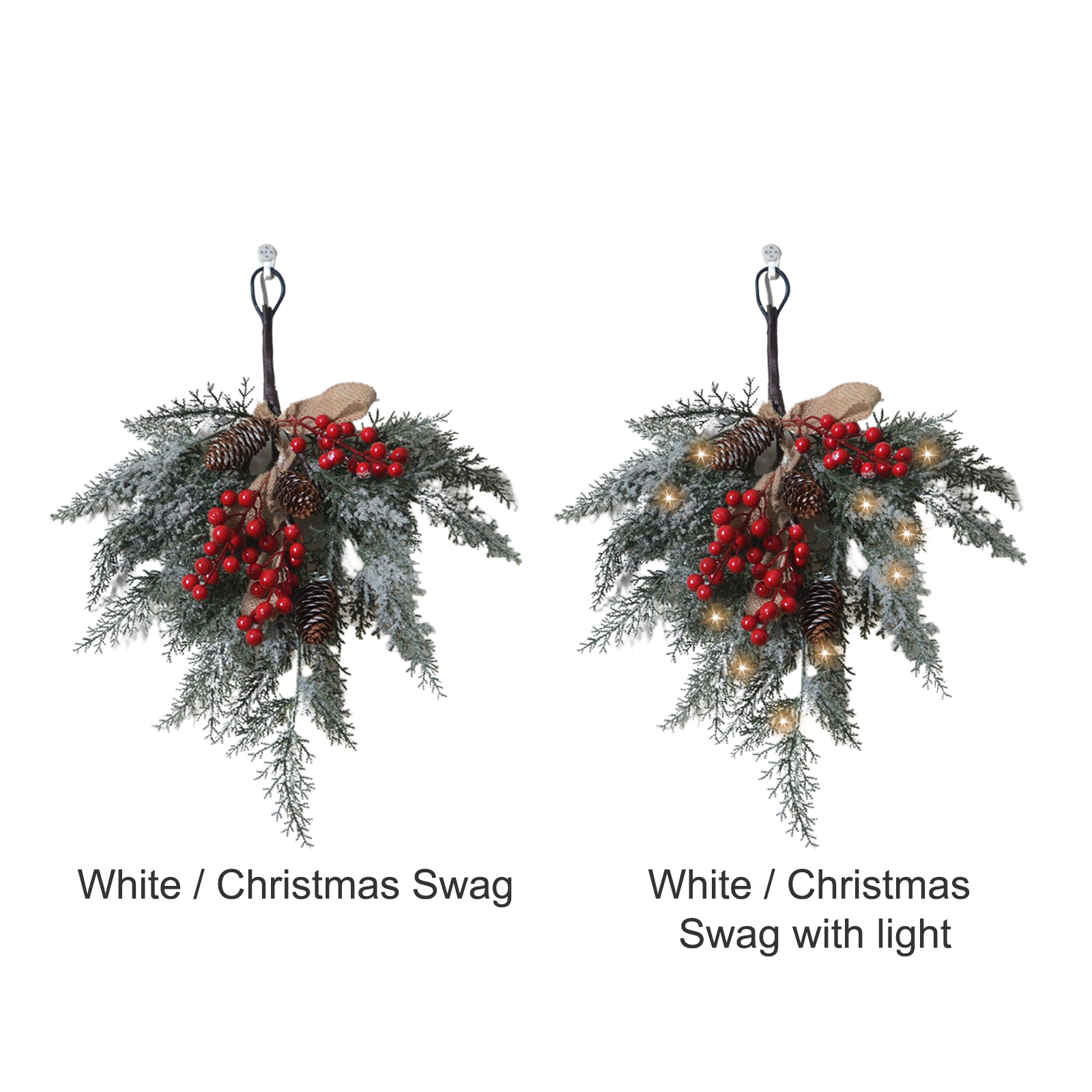 Zwei Weihnachtsgirlanden, eine mit Lichtern. Jede hat Kunstschnee, rote Beeren, Tannenzapfen und eine Juteschleife, die an einem Haken hängen.