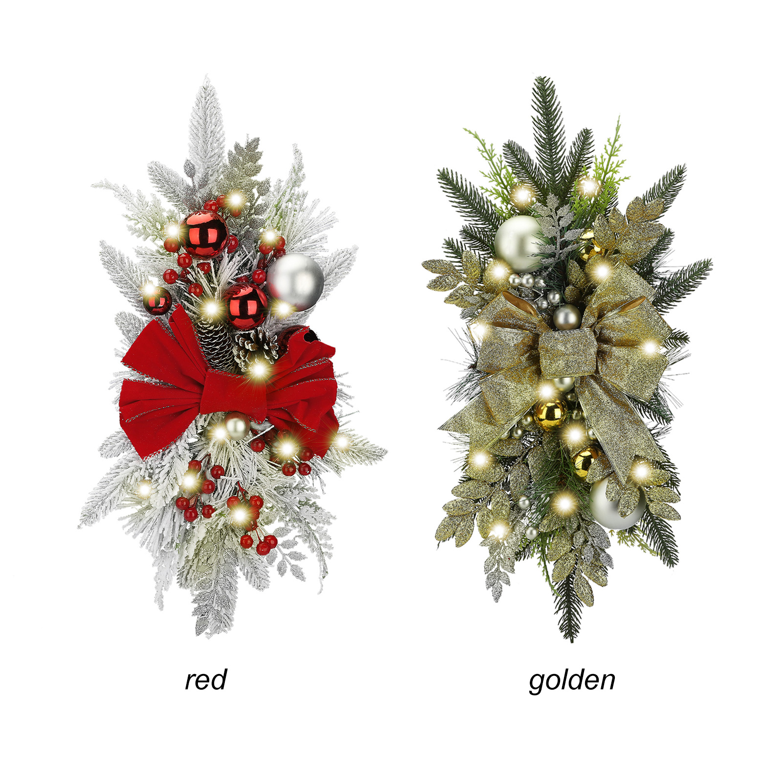 Das Bild zeigt zwei Weihnachtsdekorationen. Links: rote Schleife und Ornamente. Rechts: goldene Schleife und Ornamente. Beide haben Lichter.