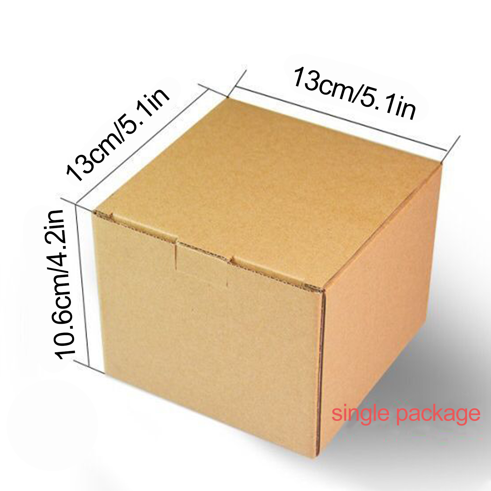 Ein brauner Pappkarton mit den Maßen 13 cm/5,1 Zoll und 10,6 cm/4,2 Zoll. Der Text lautet Einzelverpackung.