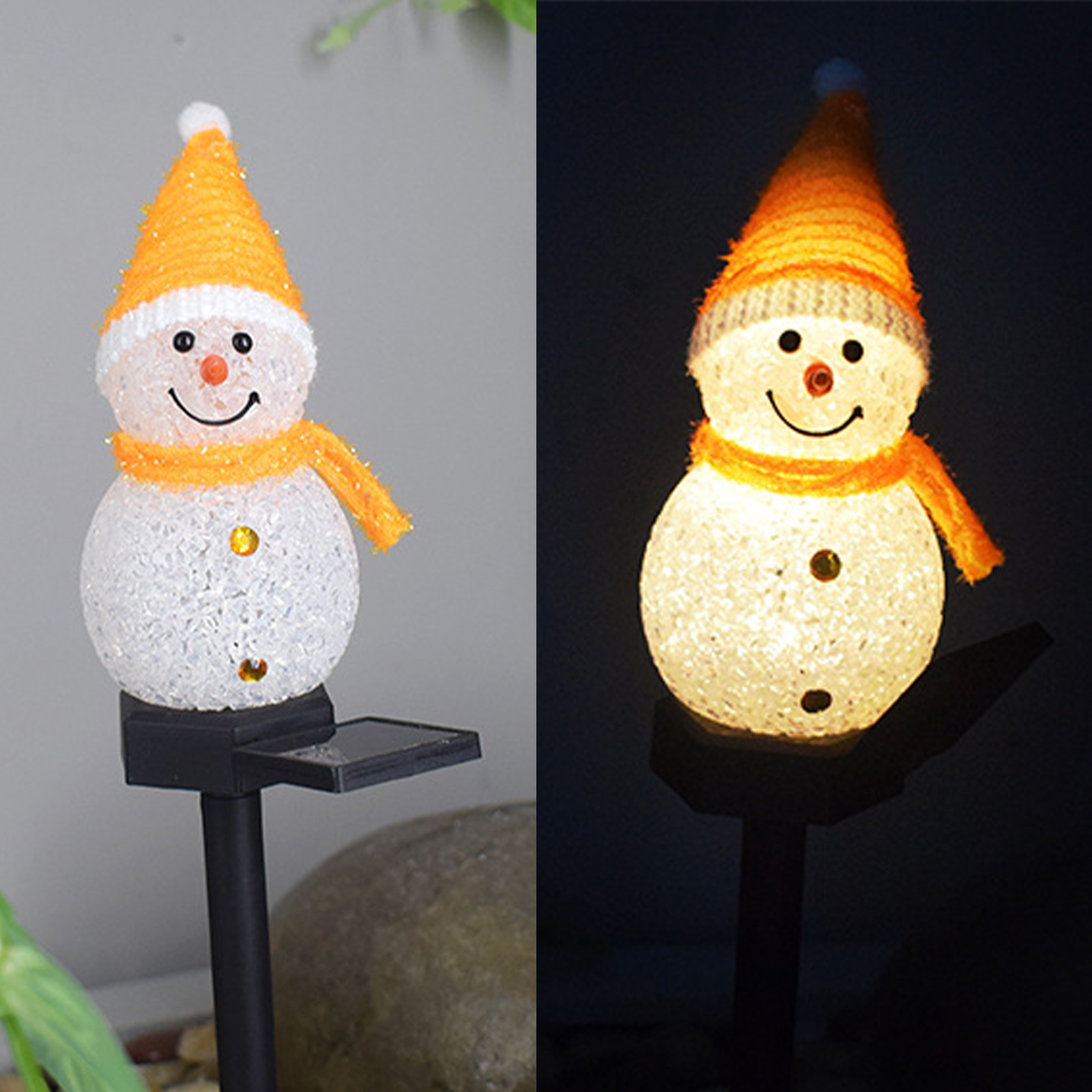 Eine schneemannförmige Solarleuchte. Sie hat einen orangenen Hut, Schal und drei Knöpfe. Der Hintergrund ist teils hell und dunkel.
