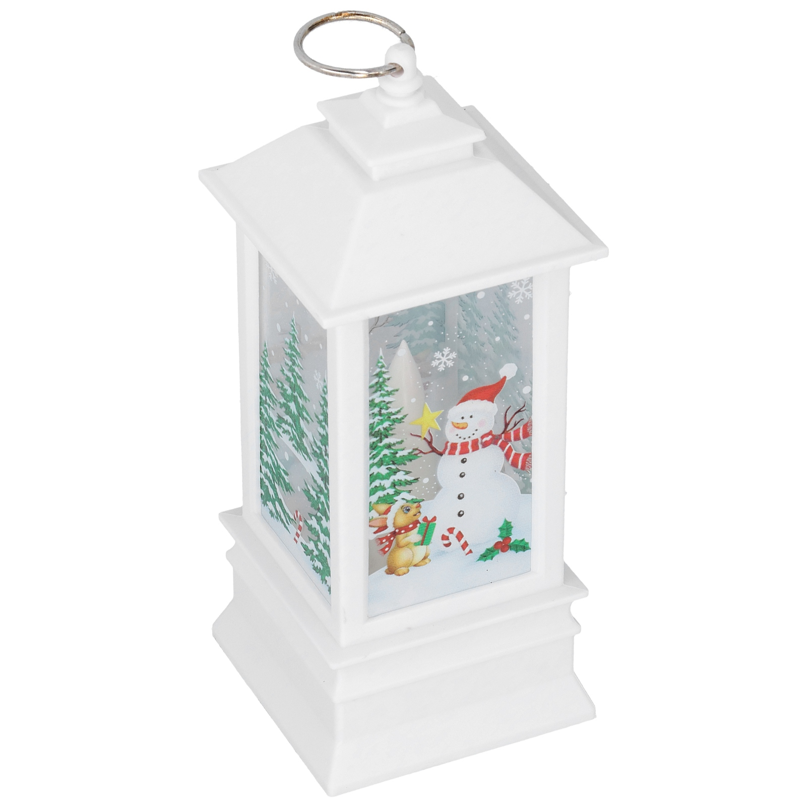 Weiße Weihnachtslaterne mit Schneemannszene. Enthält einen roten Hut, einen Schal und ein Häschen mit Geschenk.