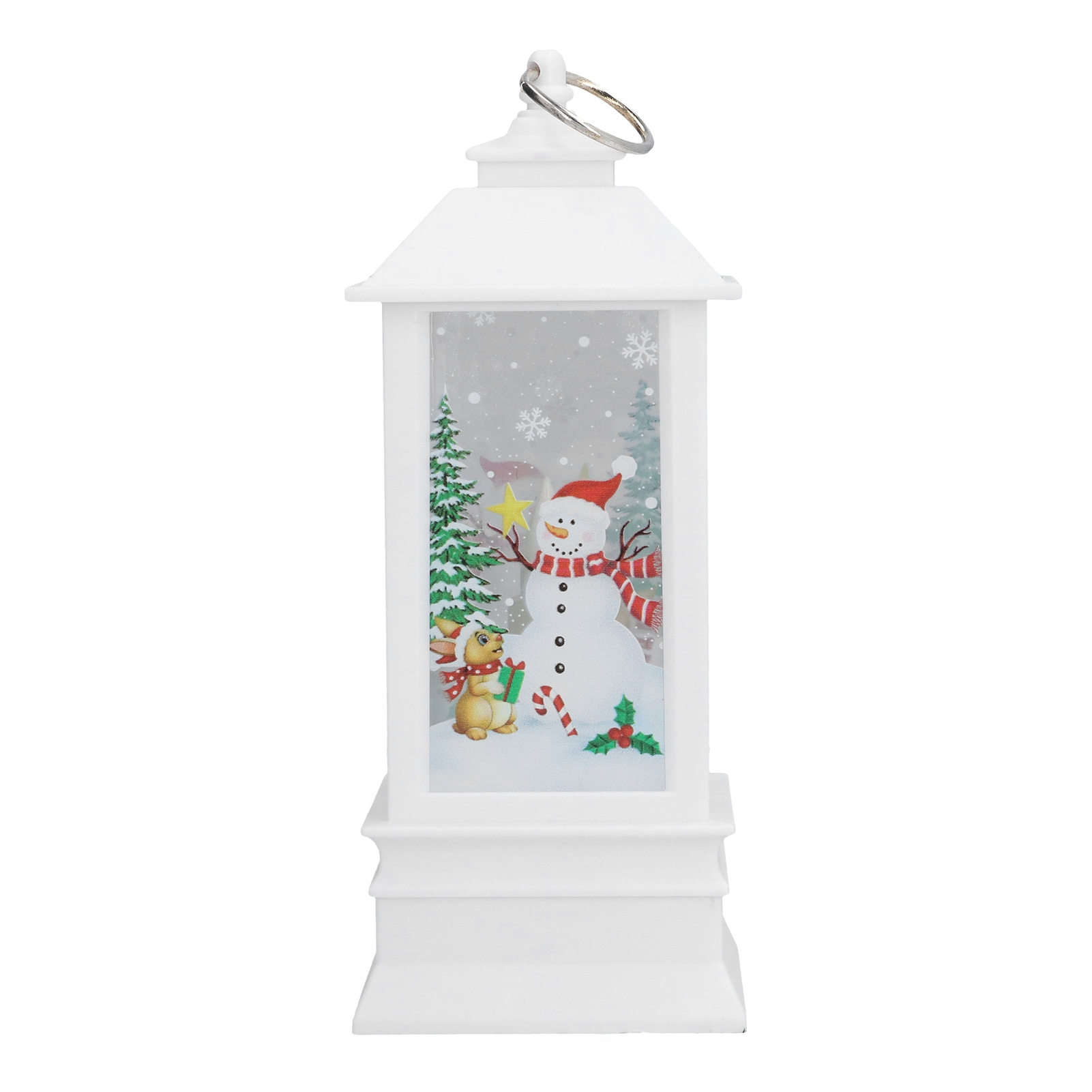 Eine weiße Weihnachtslaterne mit einem Schneemann, einem Kaninchen und einer Schneelandschaft im Inneren. Schneeflocken, Bäume und Geschenke sind vorhanden.