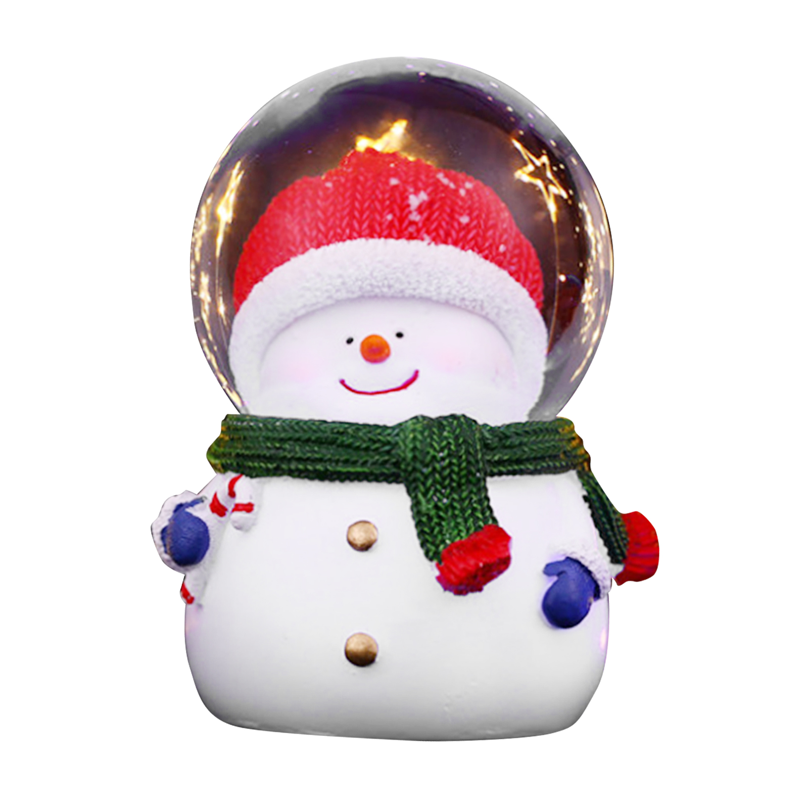 Eine Schneemannfigur in einer Glaskuppel. Er hat einen roten Hut, einen grünen Schal und blaue Handschuhe, mit Lichtern in der Kuppel.