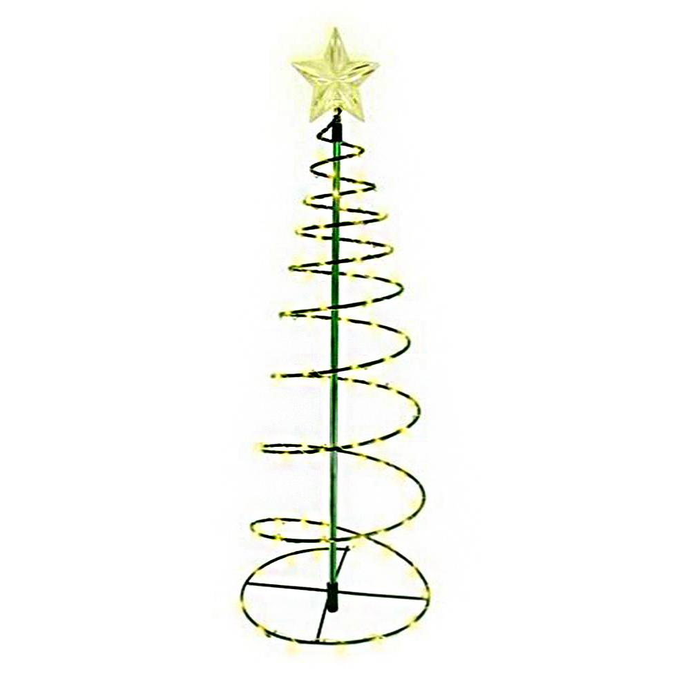 Ein spiralförmiger Weihnachtsbaum mit einem Stern an der Spitze. Er hat gelbe Lichter und eine grüne Stange. Er steht auf weißem Hintergrund.