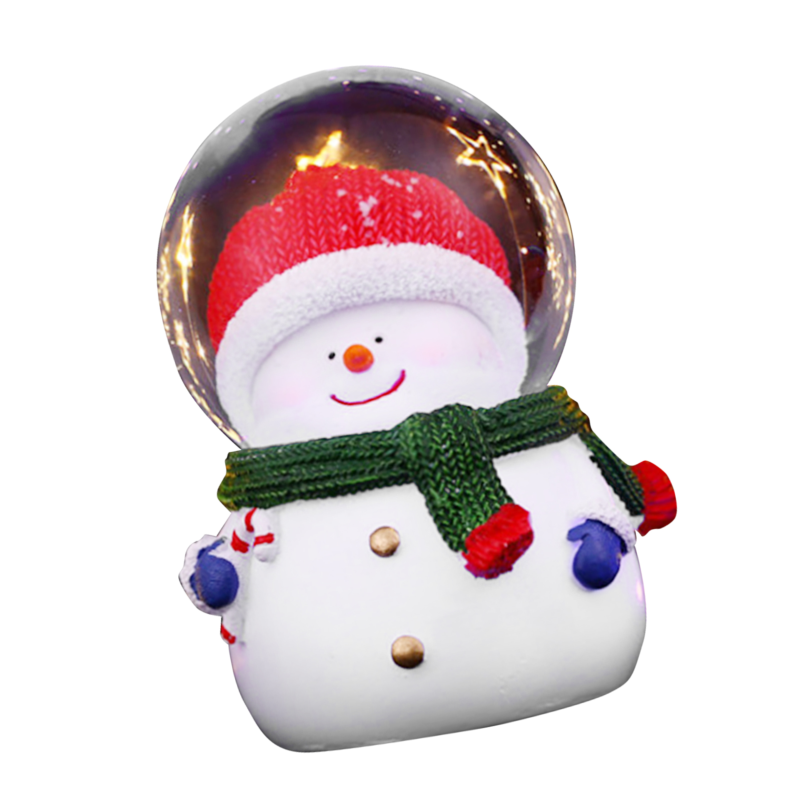 Eine Schneemannfigur in einer Glaskugel. Er hat einen roten Hut, einen grünen Schal und blaue Handschuhe. Im Inneren funkeln Lichter.