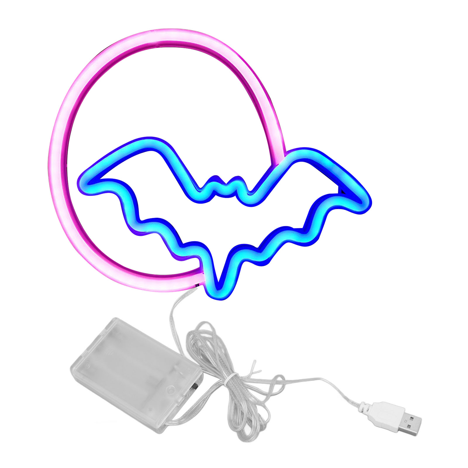 Ein Neon-Fledermausschild in Blau und Rosa. Es ist mit einem Akkupack und einem USB-Kabel verbunden, alles auf weißem Hintergrund.