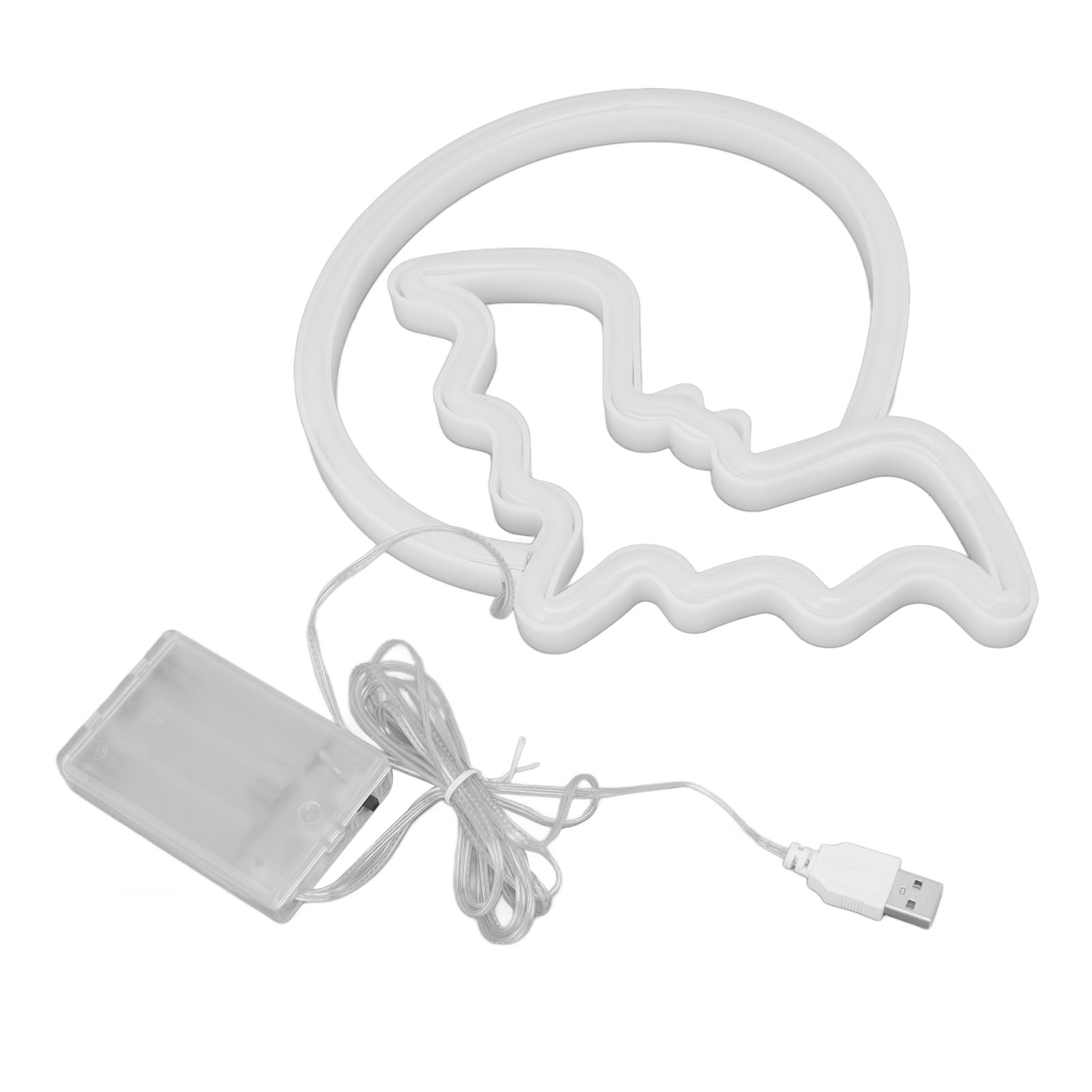 Weißes Neon-Fledermauslicht mit Akku und USB-Kabel. Die Fledermaus hat eine Kreisform. Der Hintergrund ist weiß.