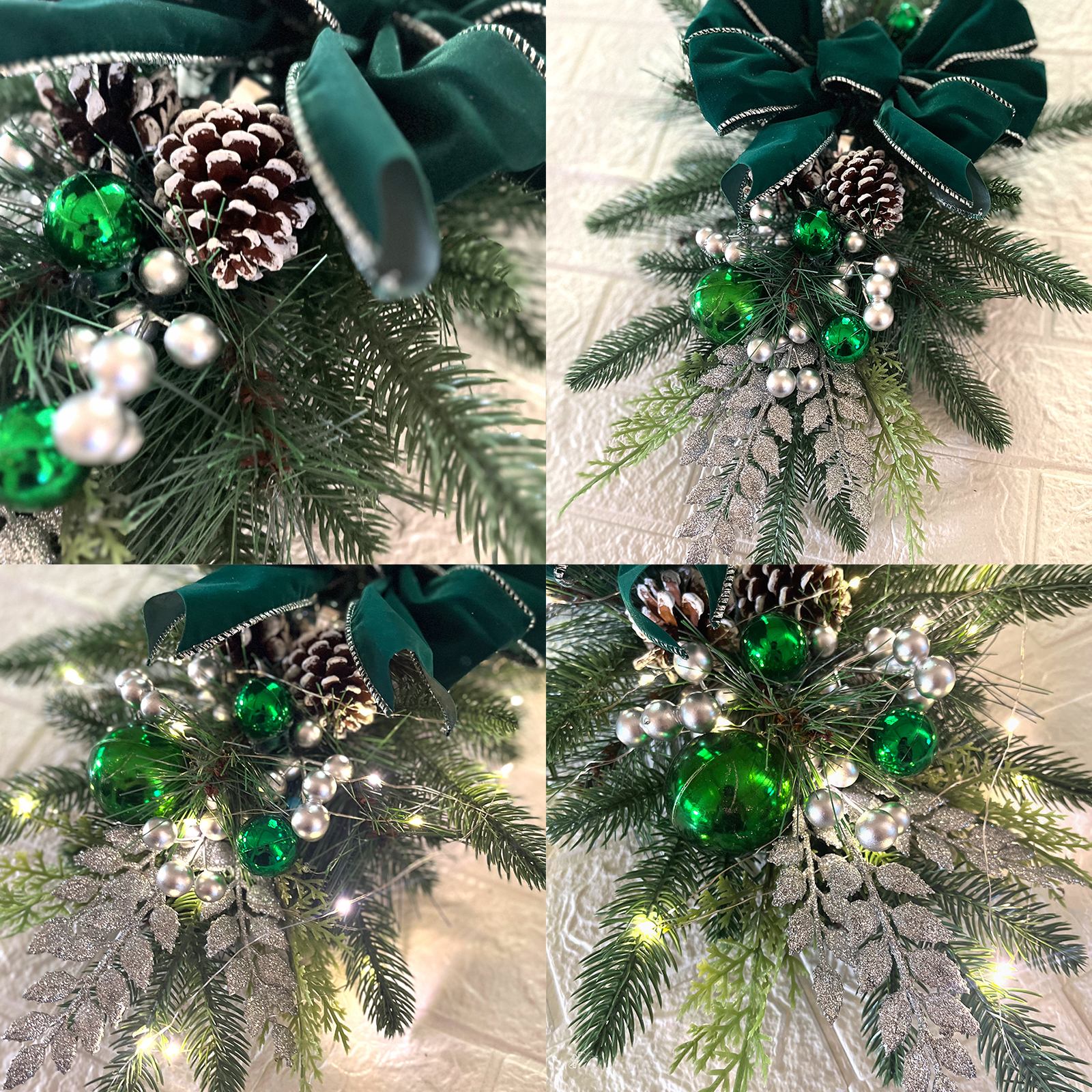 Weihnachtsdekoration mit grüner Schleife, Tannenzapfen, grünen Kugeln, silbernen Perlen und glitzerndem Laub auf strukturiertem Hintergrund.