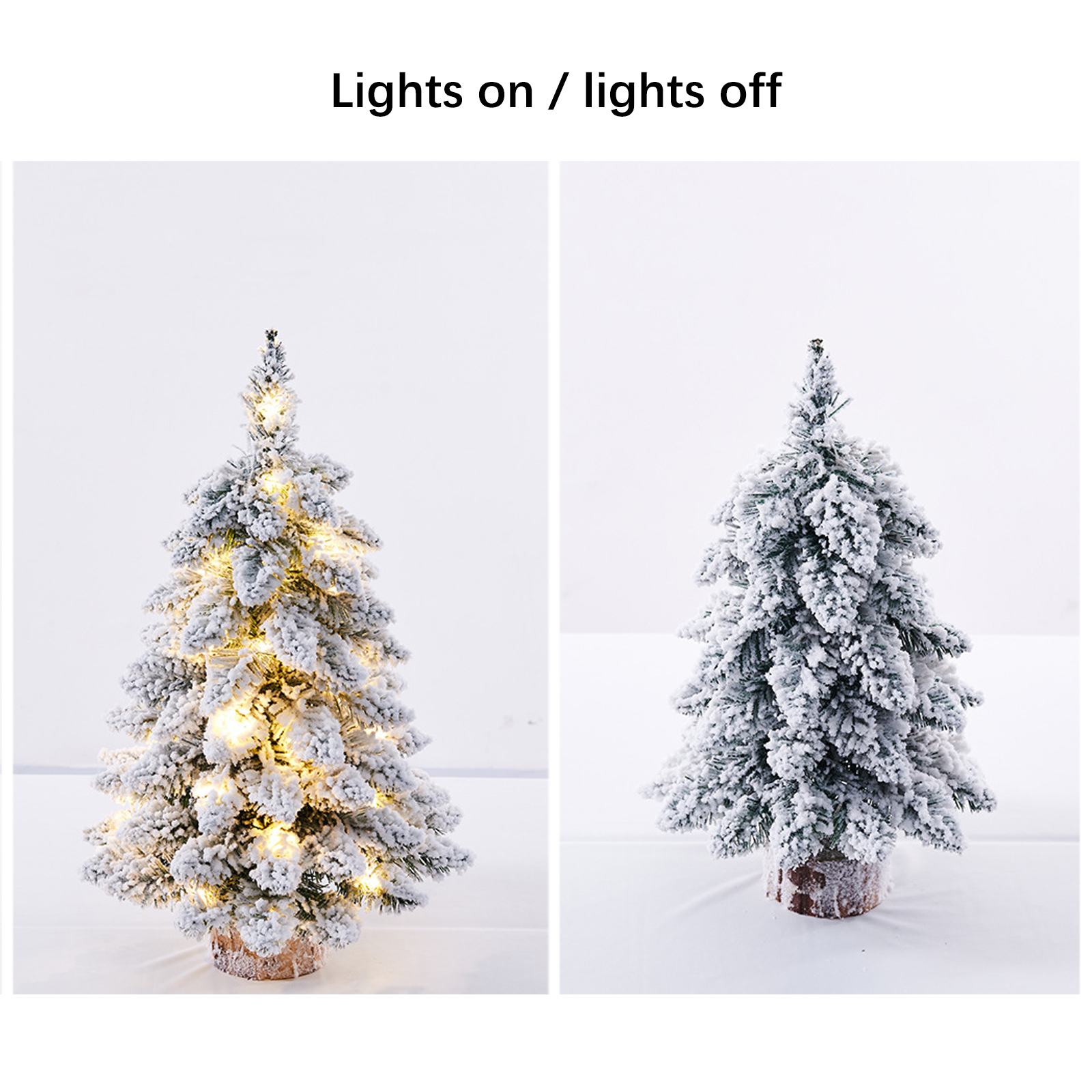 Zwei kleine, schneebedeckte Weihnachtsbäume nebeneinander. Einer hat Lichter an, der andere nicht. Beide haben Holzsockel.