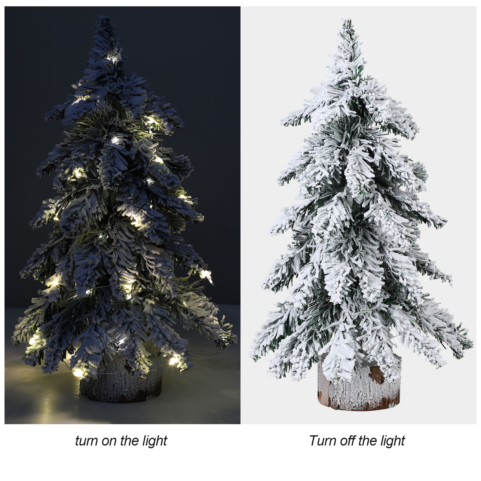 Ein geteiltes Bild zeigt einen verschneiten Weihnachtsbaum mit eingeschalteten und ausgeschalteten Lichtern. Die linke Seite hat Lichter an, die rechte hat Lichter aus.
