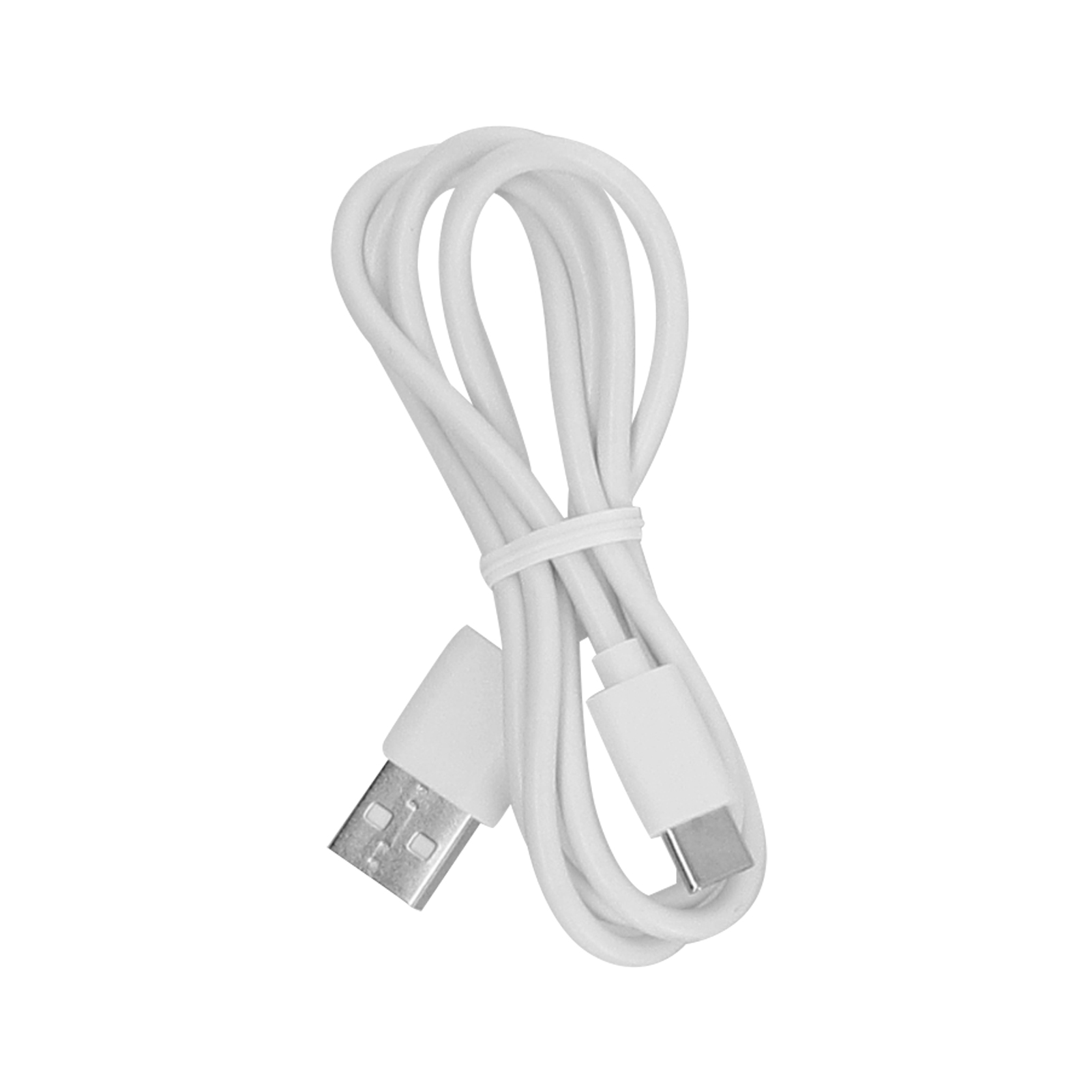 Ein weißes USB-Ladekabel mit USB-A- und USB-C-Anschlüssen, aufgerollt und mit einem weißen Band gesichert, vor weißem Hintergrund.