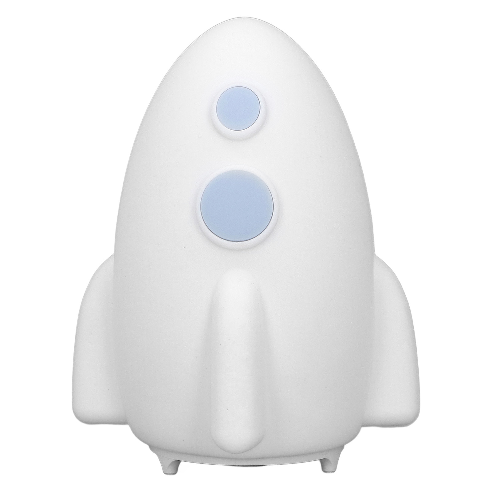 Eine weiße, raketenförmige Lampe mit zwei blauen Kreislichtern. Sie ist vor weißem Hintergrund platziert.
