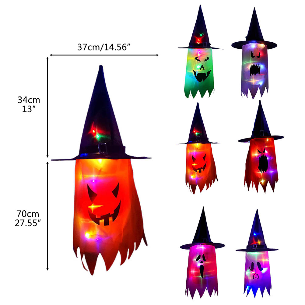 Halloween-Dekorationen: Hexenhüte mit leuchtenden Geistergesichtern in verschiedenen Farben. Abmessungen der Hauptdekoration sind angegeben.