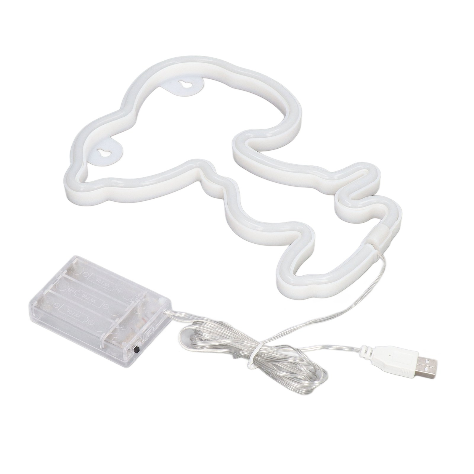 Ein weißes Neonlicht in Form einer Zeichentrickfigur, verbunden mit einem Akku und einem USB-Kabel, auf weißem Hintergrund.